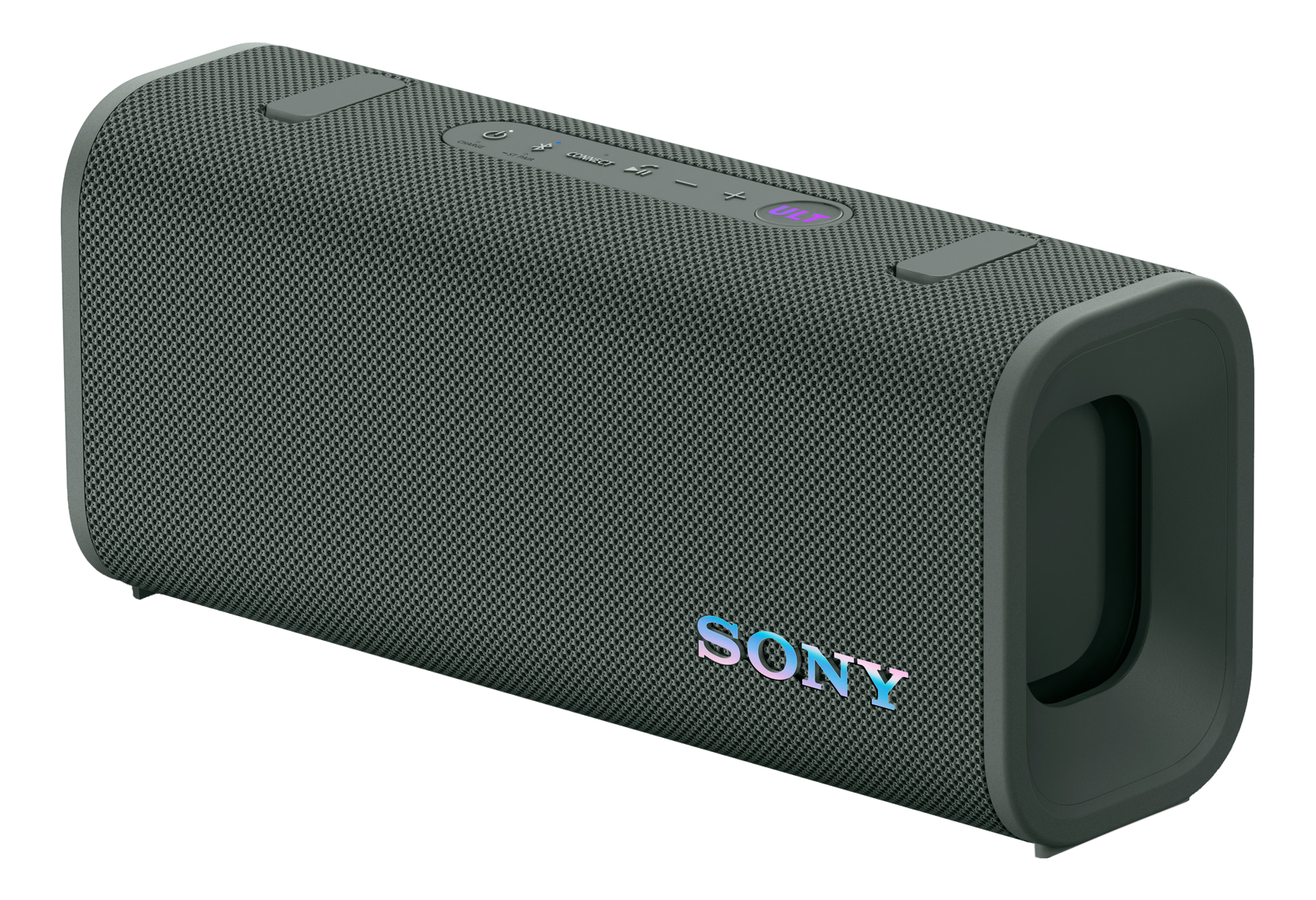Cassa portatile Sony grigio scuro con texture in tessuto, pulsanti superiori e logo colorato.