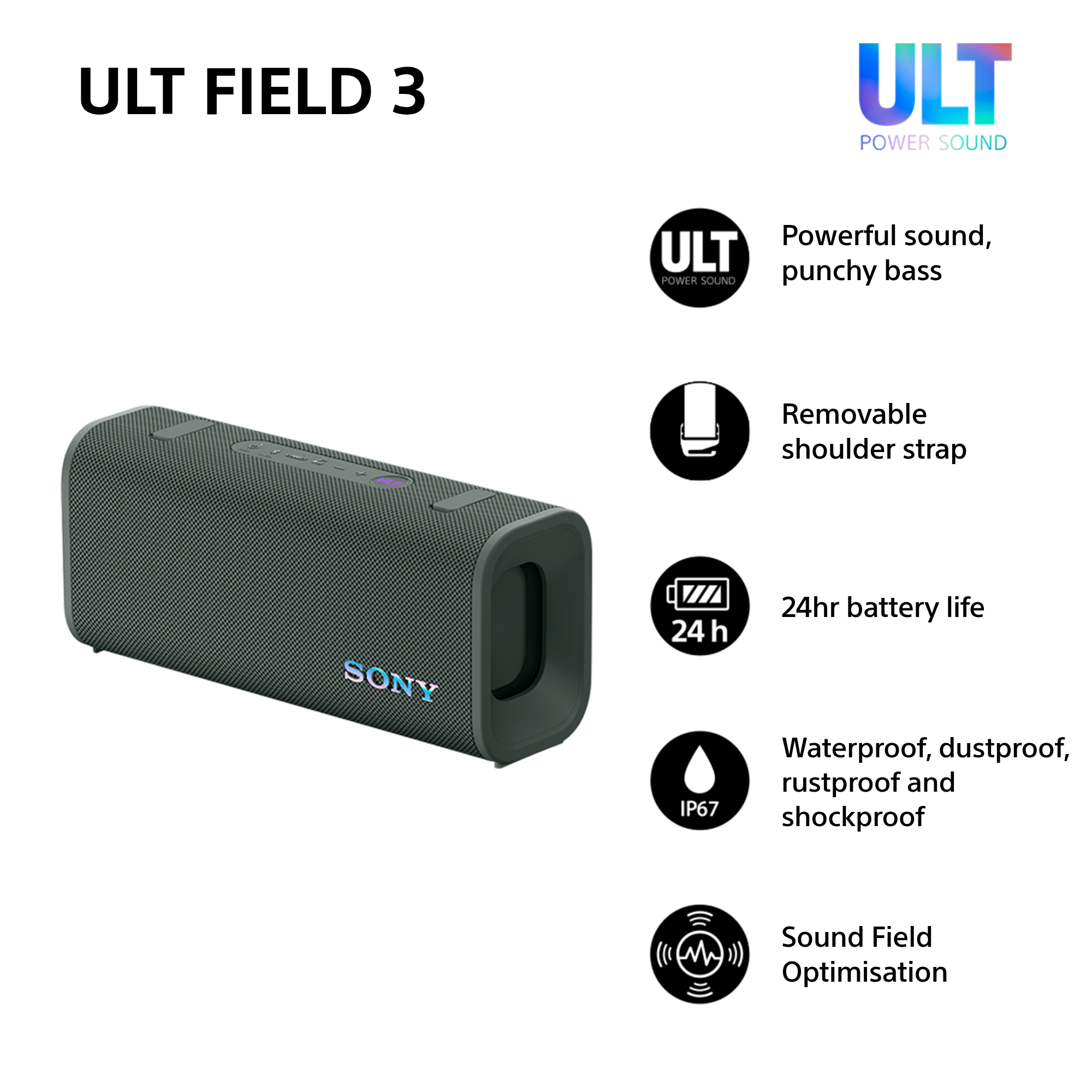Altoparlante Sony ULT FIELD 3 nero con caratteristiche come batteria da 24 ore.