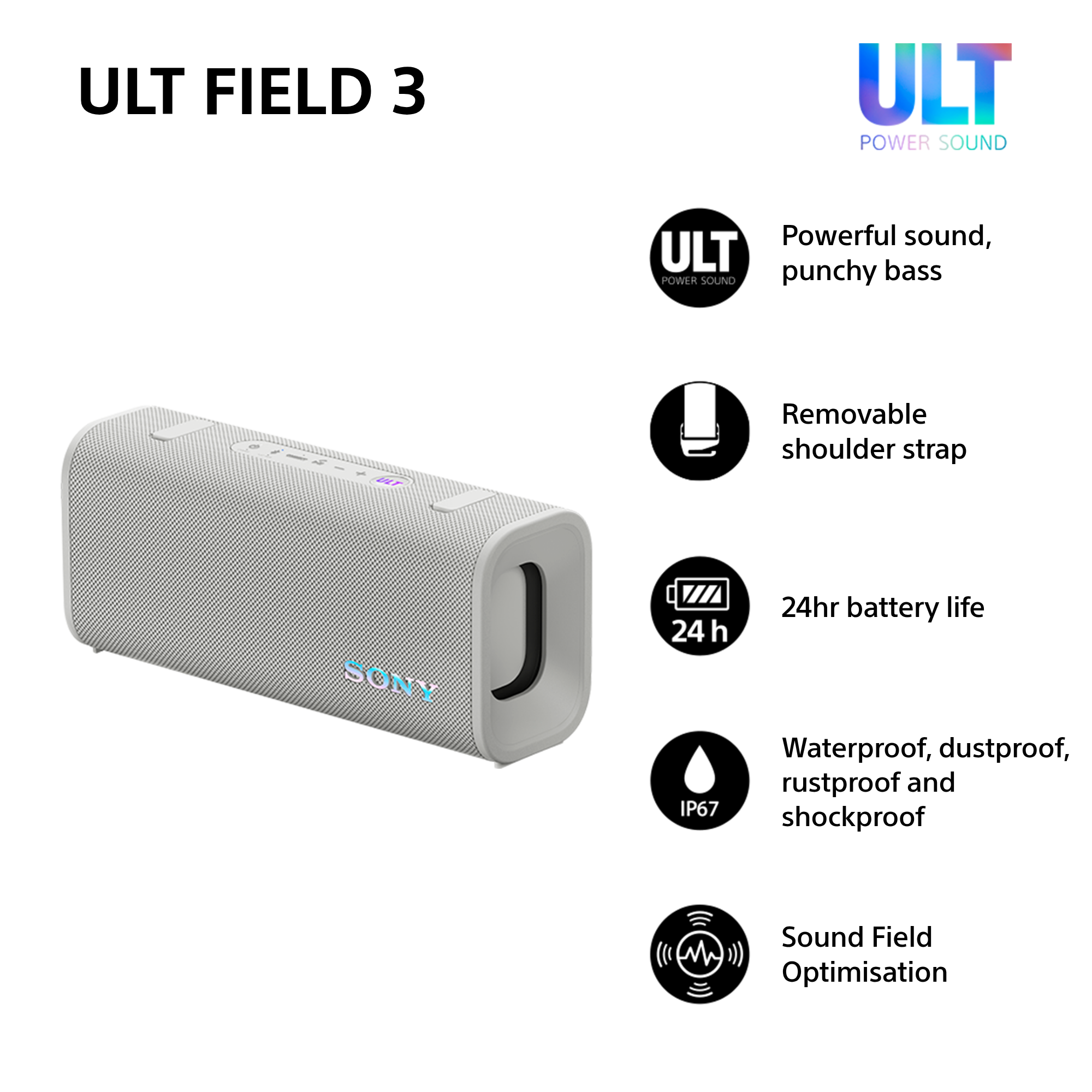 Un altoparlante Sony ULT FIELD 3 grigio con caratteristiche come IP67, batteria 24h.