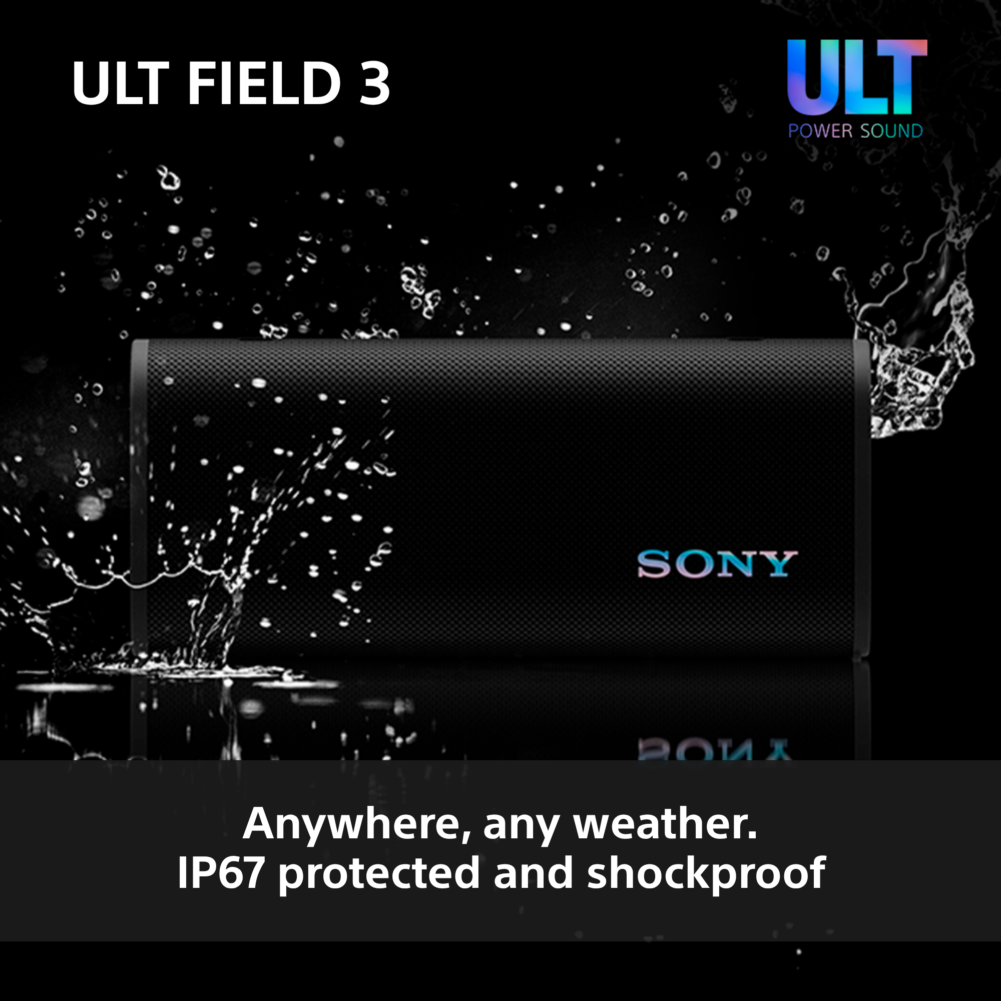 Altoparlante Sony nero con schizzi d'acqua. Protezione IP67.
