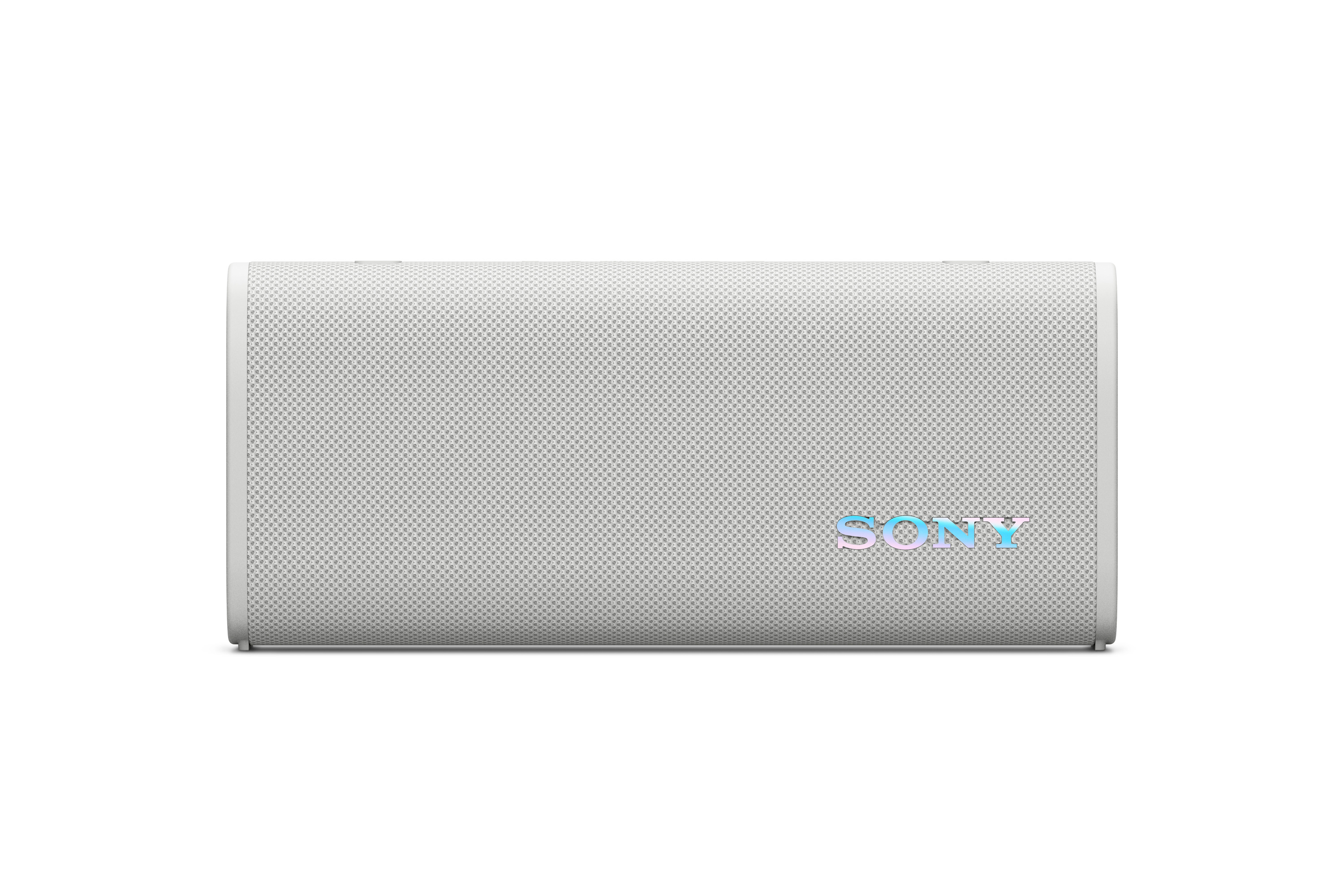 Altoparlante Bluetooth Sony bianco con logo olografico su sfondo bianco.