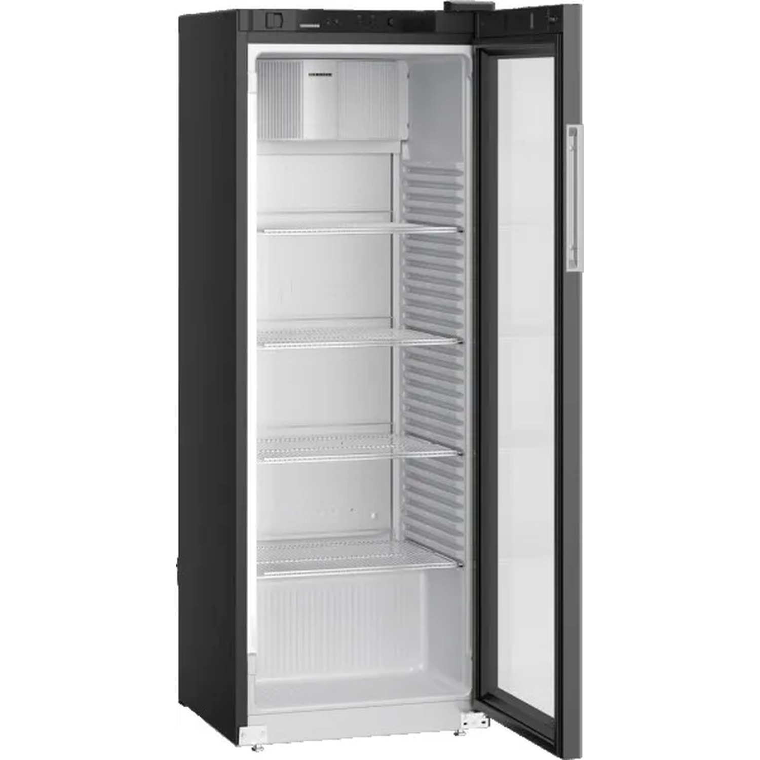 Black refrigerator with glass door, open, showing shelves inside.