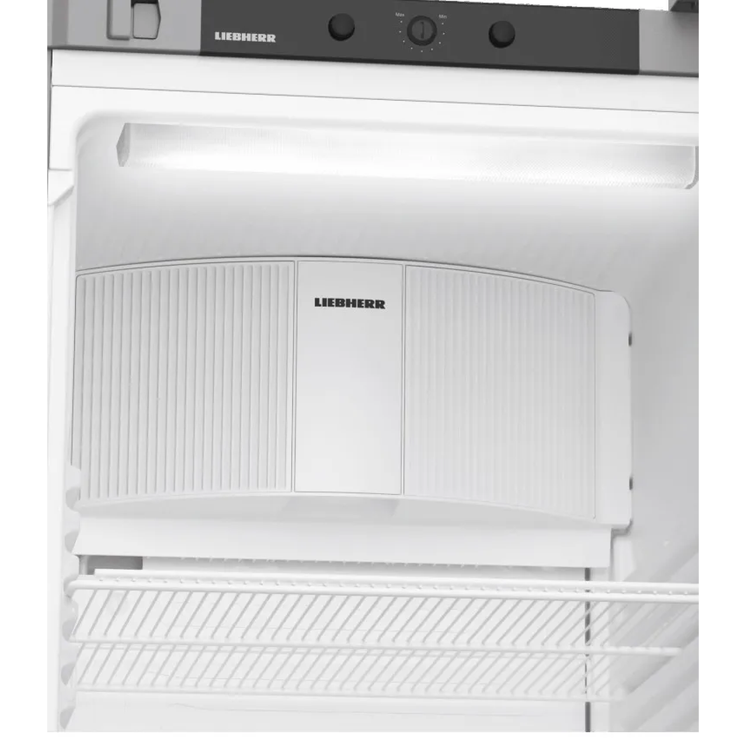 Interior view of a Liebherr refrigerator with a shelf and illuminated back panel.