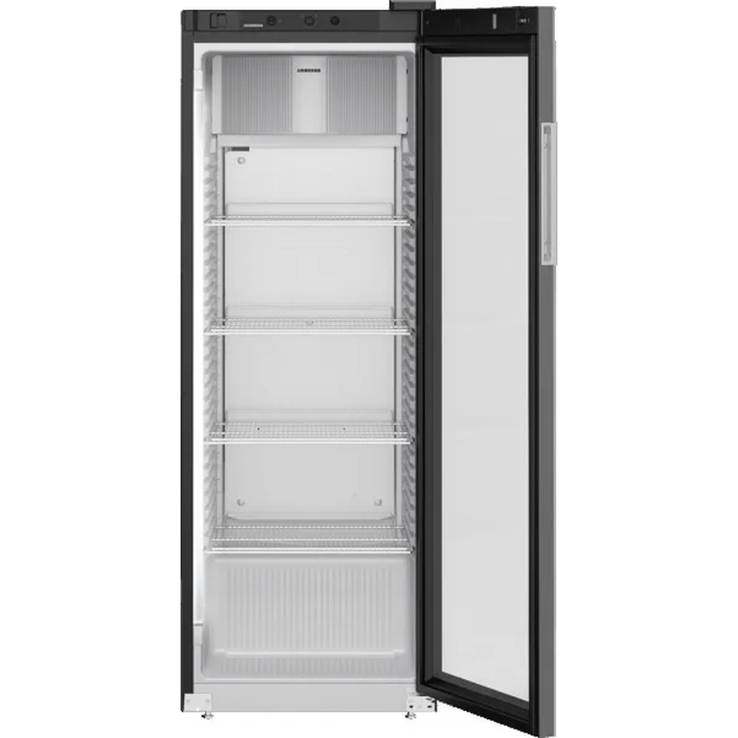 An empty, open refrigerator with a glass door and five shelves.