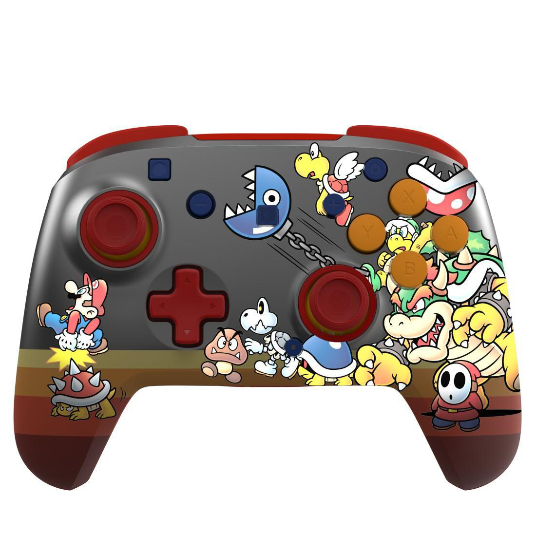 Grauer Controller mit Mario-Figuren: Mario, Bowser, Koopatroopa, Shy Guy, Goomba, Chain Chomp.