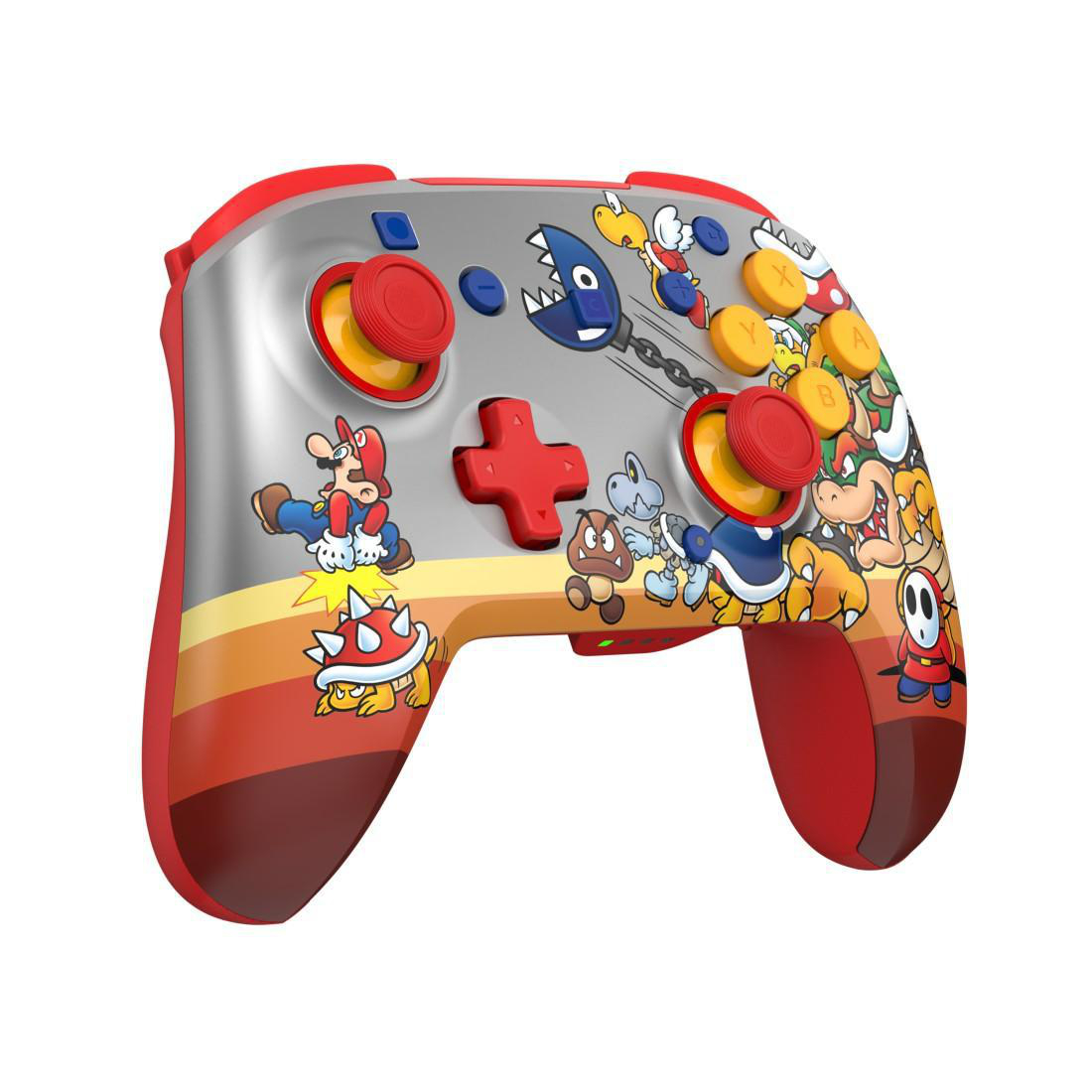 Ein Nintendo Switch Controller mit Super Mario-Figuren und bunten Streifen.