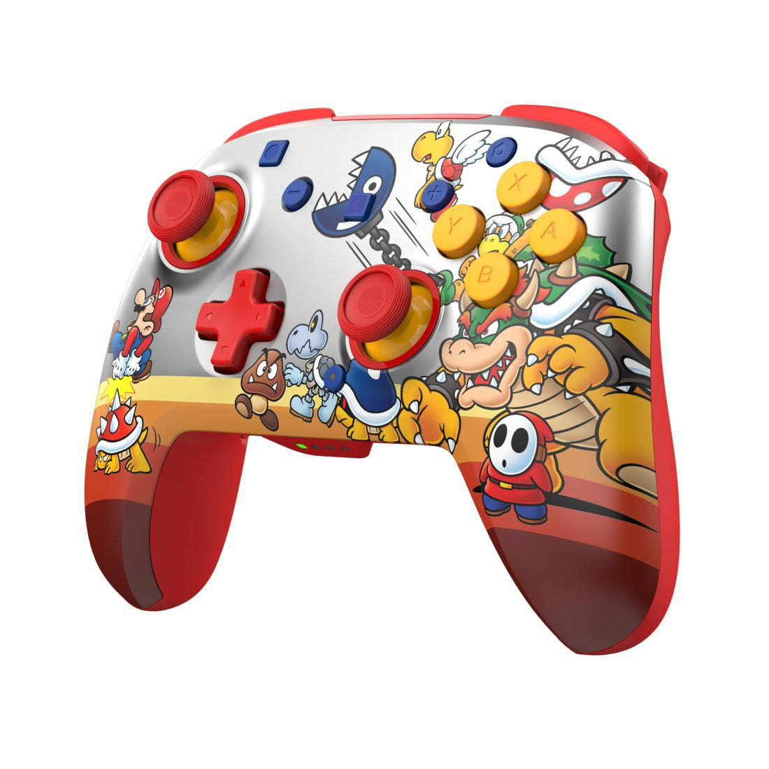 Ein weißer Controller mit Mario-Charakteren, darunter Bowser, Mario und Shy Guy.