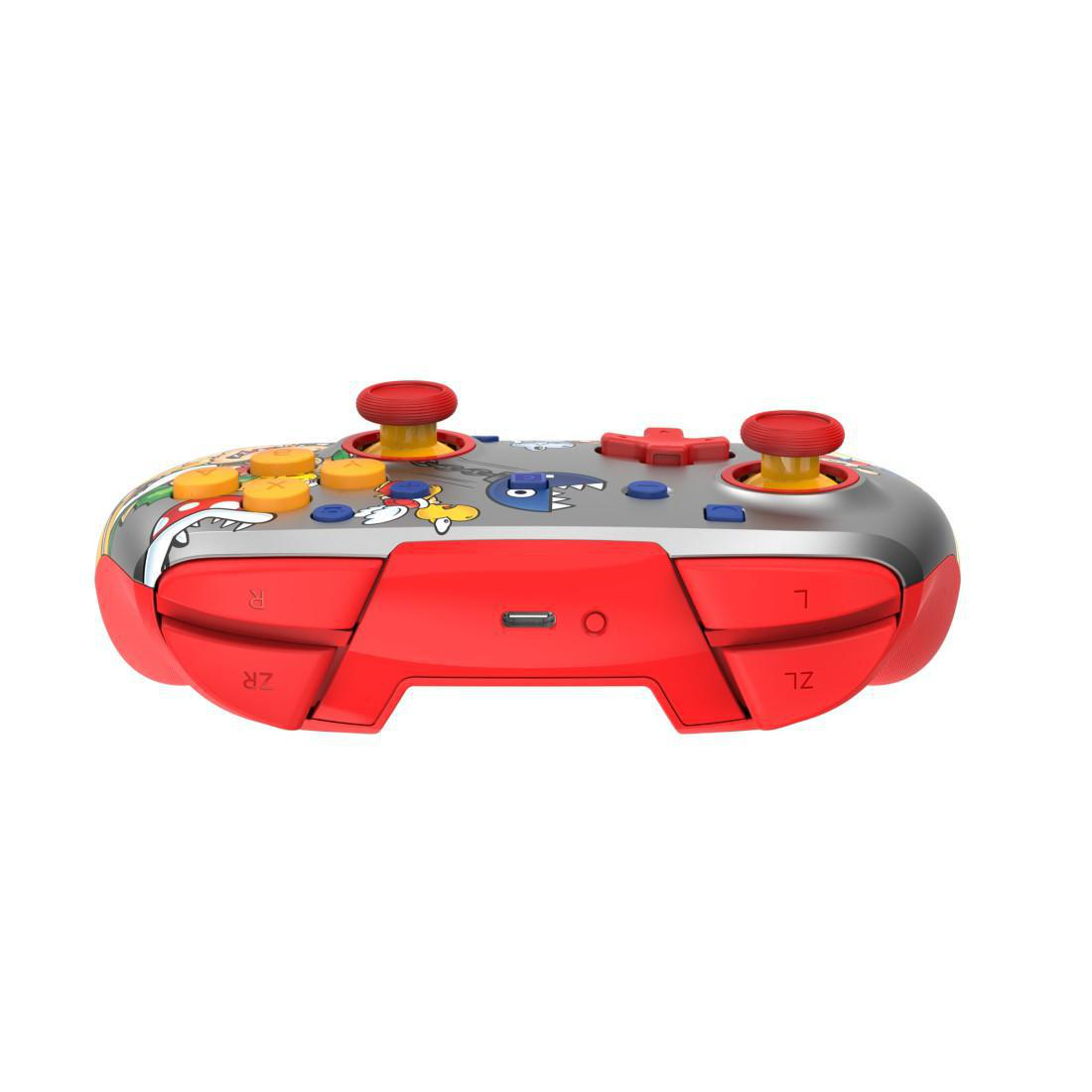 Ein roter und grauer Controller mit gelben und blauen Knöpfen und einer Cartoon-Grafik.