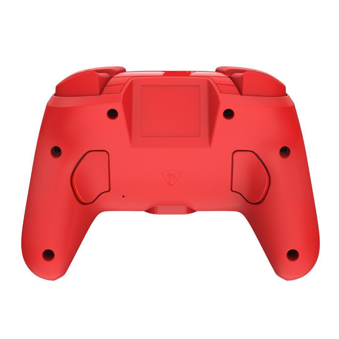 Rote Spielkonsole, Rückseite mit Griffmulden und einem Logo.