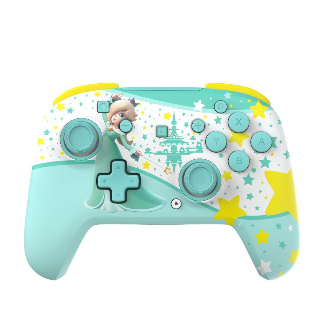 Ein türkisfarbener Controller mit Rosalina-Motiv und Sternen.