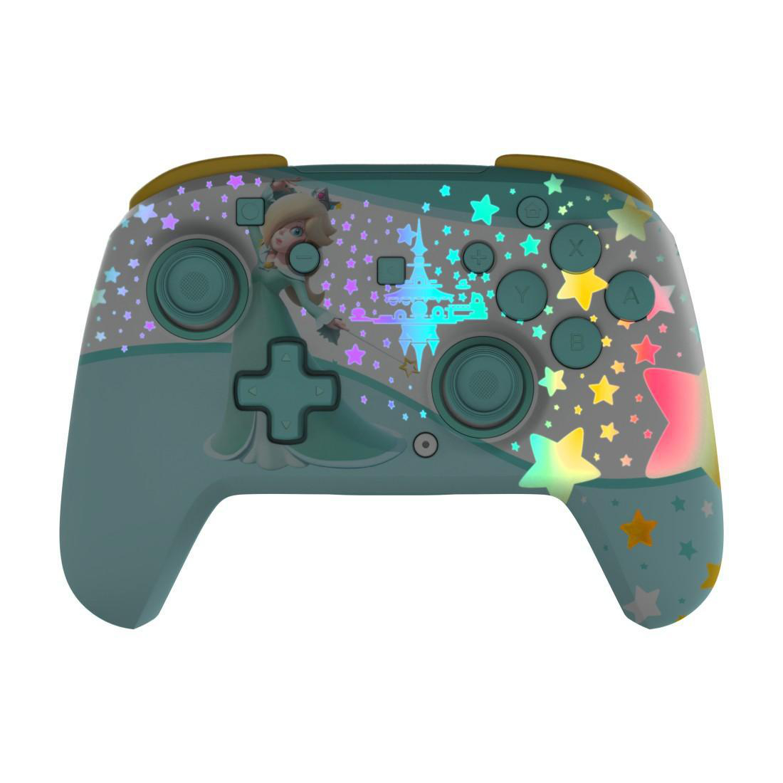Ein türkisfarbener Controller mit Rosalina-Muster und Sternen.