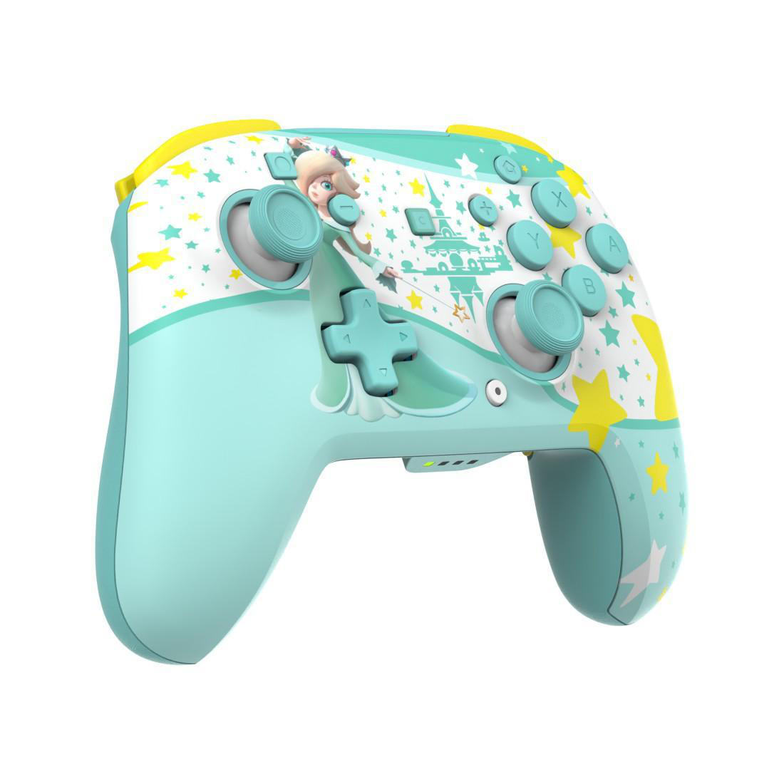 Ein türkisfarbener Controller mit gelben Sternen und einer Prinzessin.