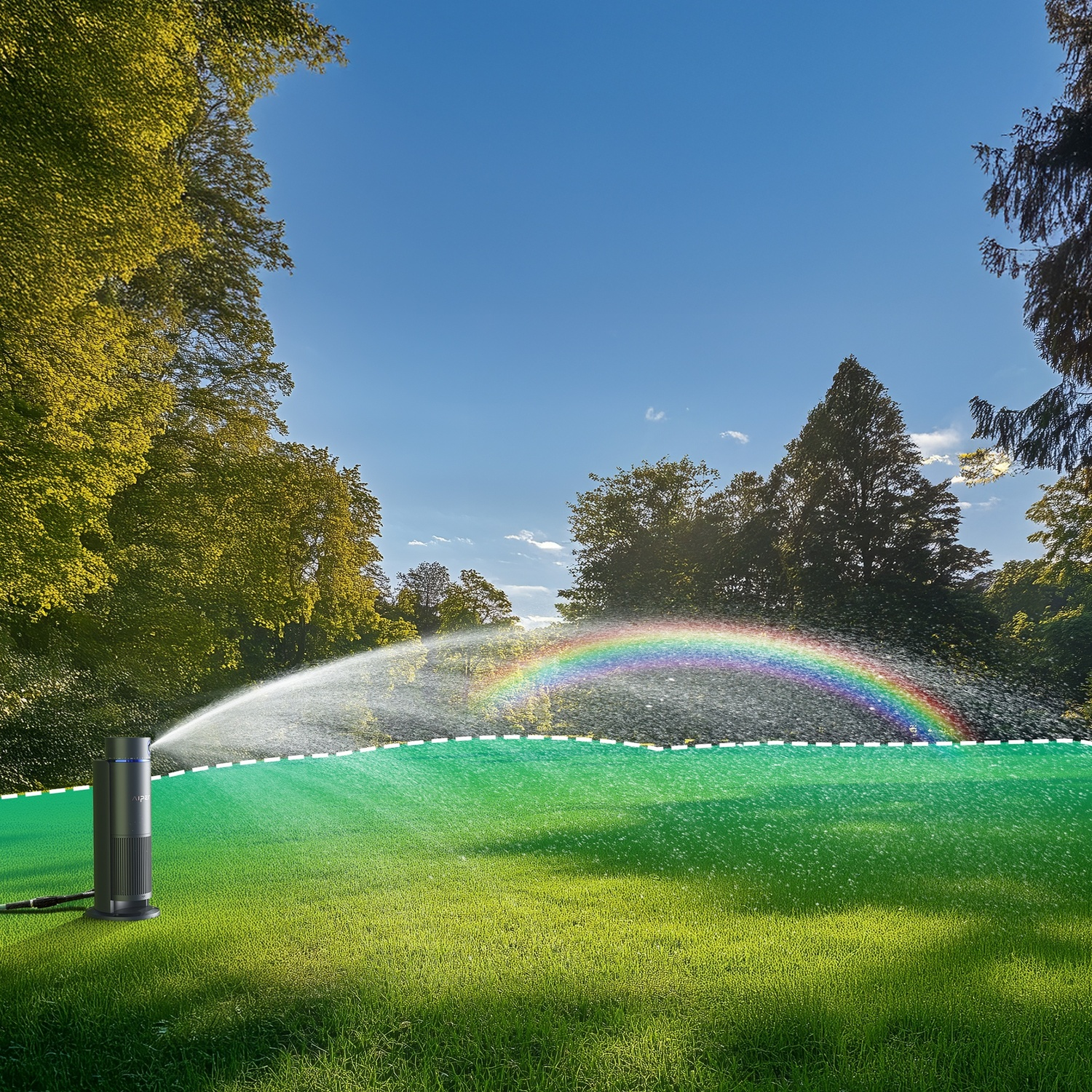 Un irrigatore annaffia un prato, creando un arcobaleno.