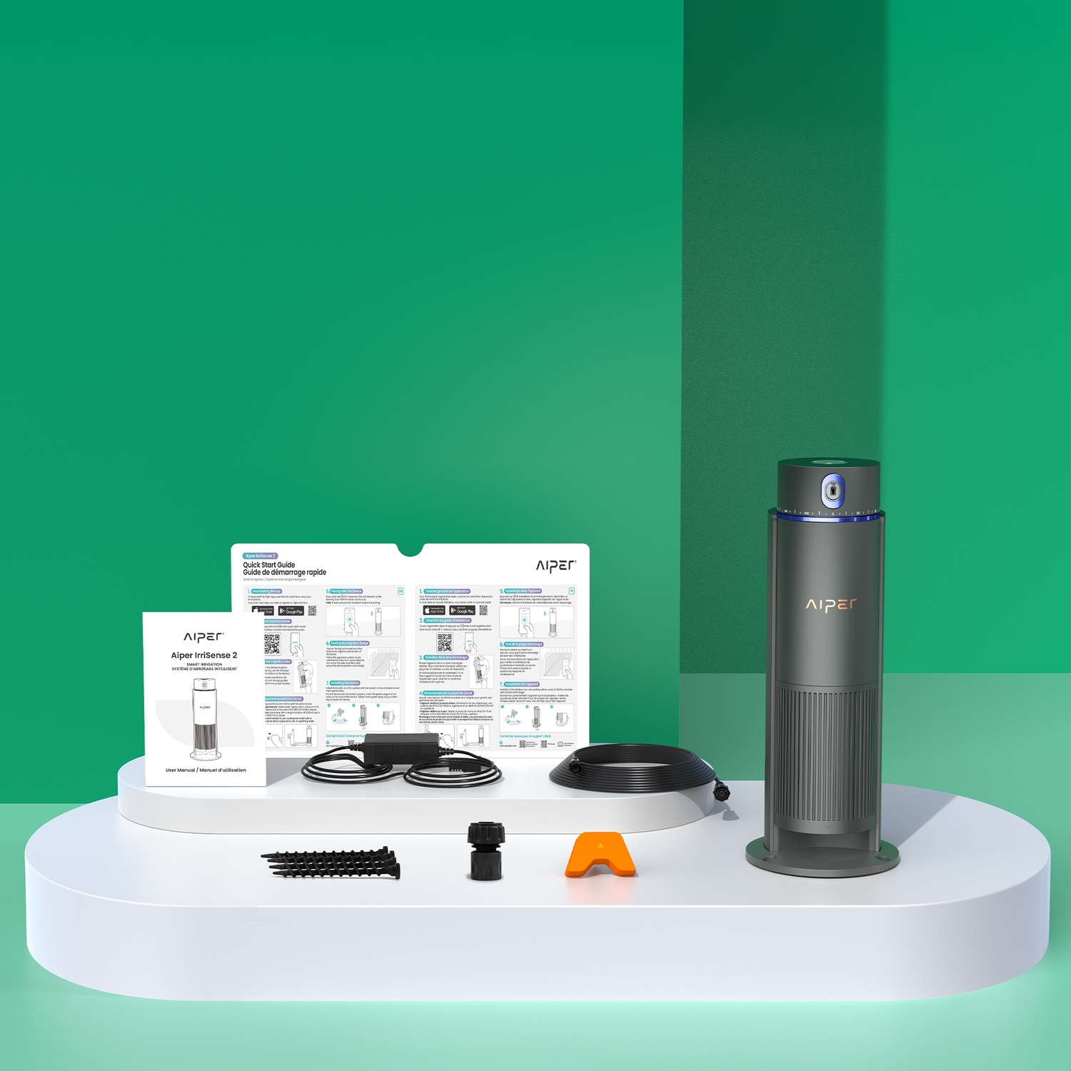 Sistema di irrigazione intelligente con manuale, tubo e accessori su un piedistallo.
