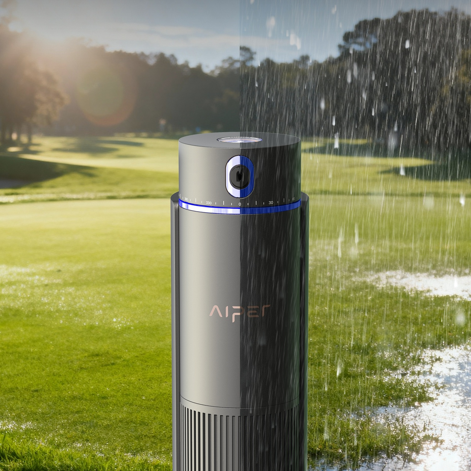 Un irrigatore su un campo da golf, metà al sole, metà sotto la pioggia.