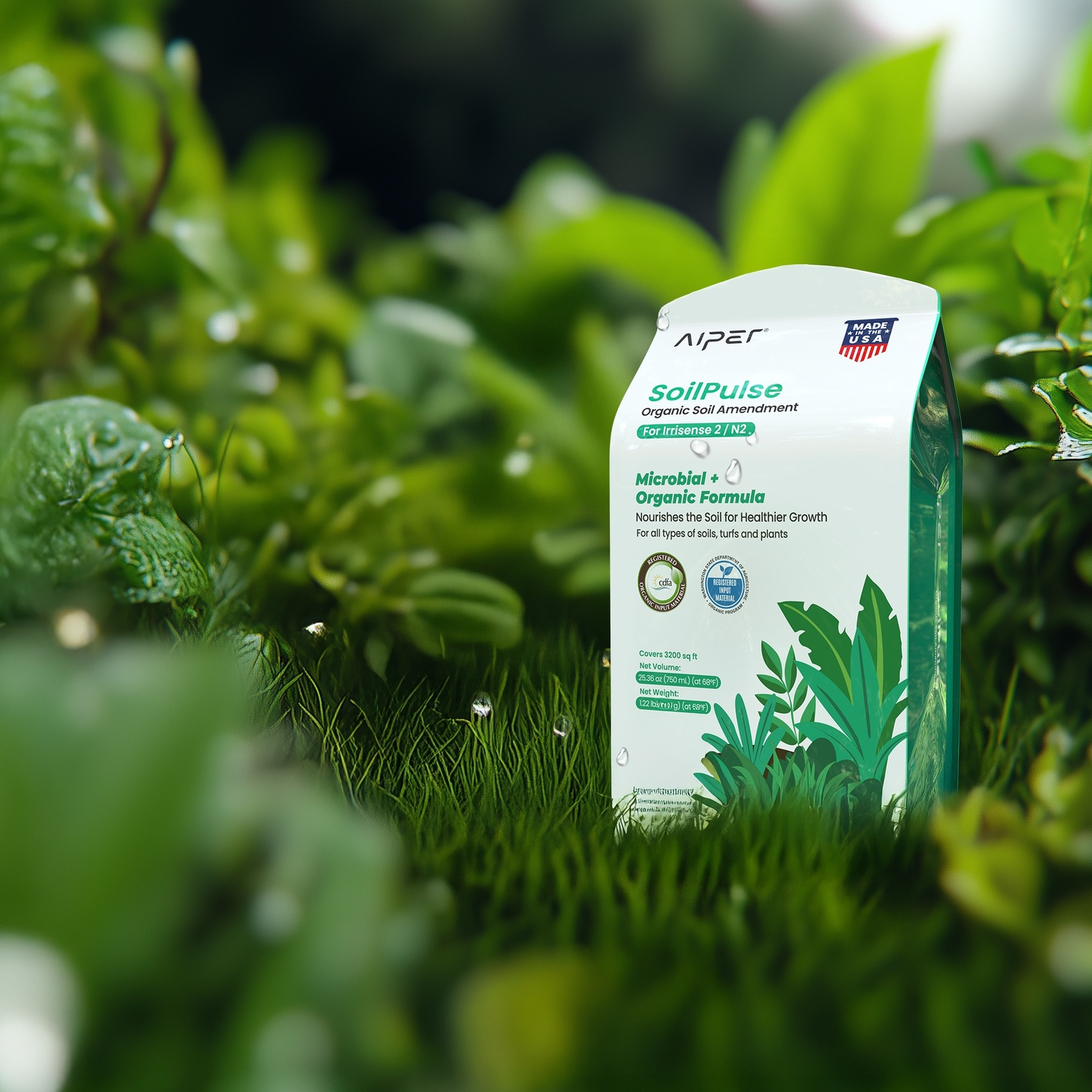 Un sacco di SoilPulse Organic Soil Amendment su erba umida.