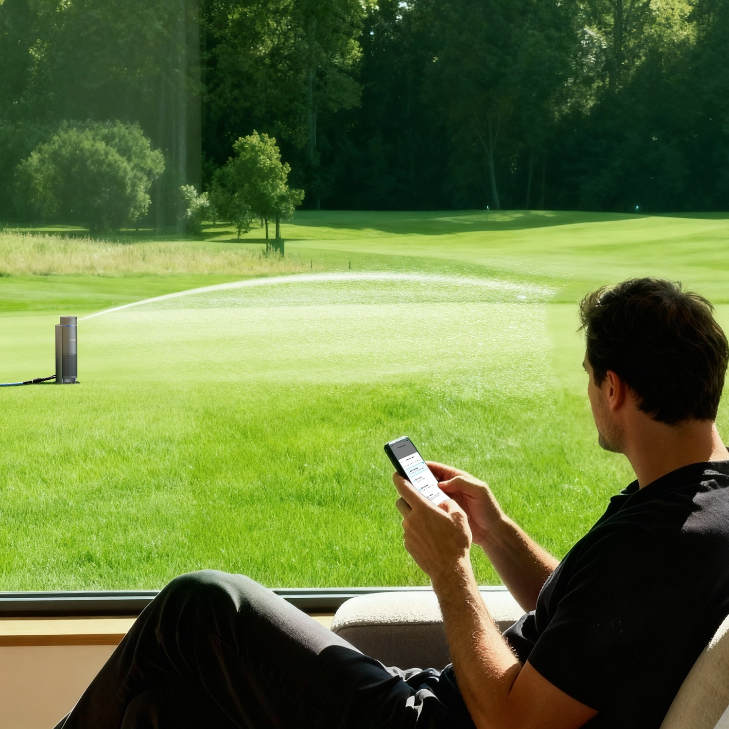 Uomo con smartphone guarda campo da golf con irrigatore.