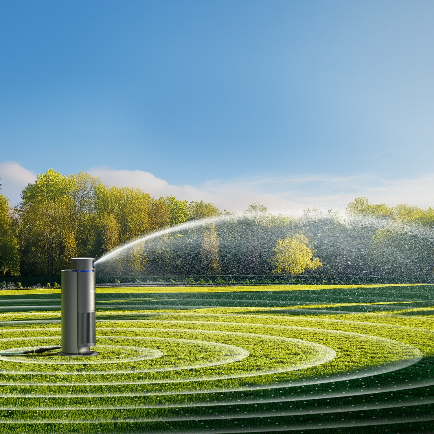 Un irrigatore annaffia un prato in cerchi concentrici sotto un cielo blu.