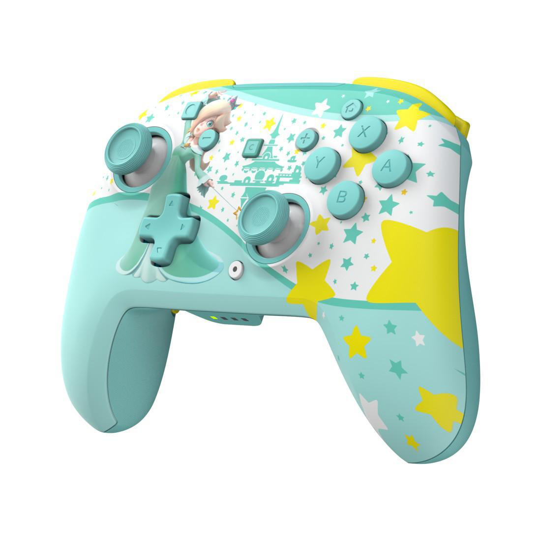 Ein mintgrüner Controller mit Rosalina-Design, Sternen und einer Burg.