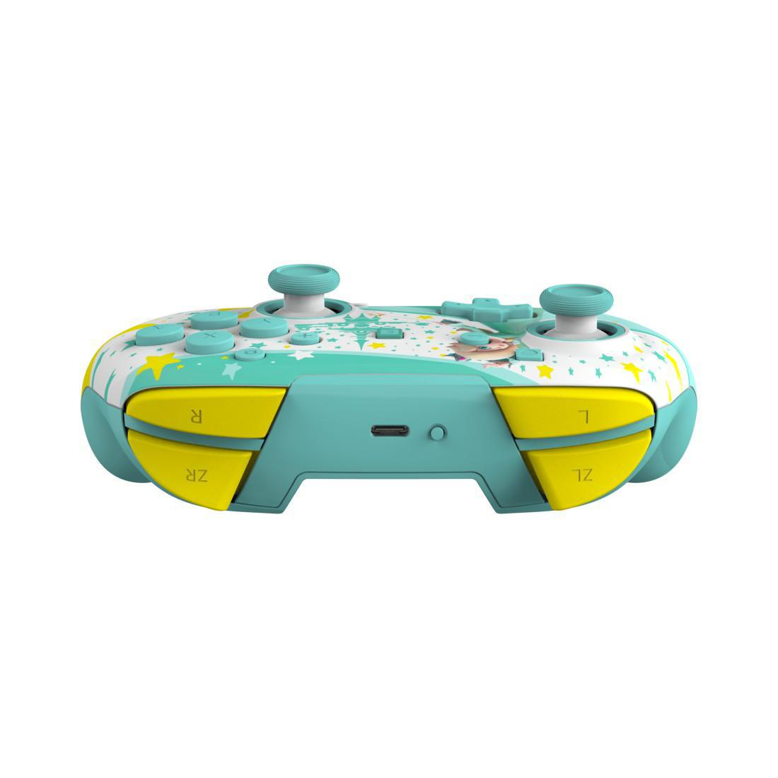 Ein türkisfarbener Controller mit gelben Tasten und Sternenmuster.
