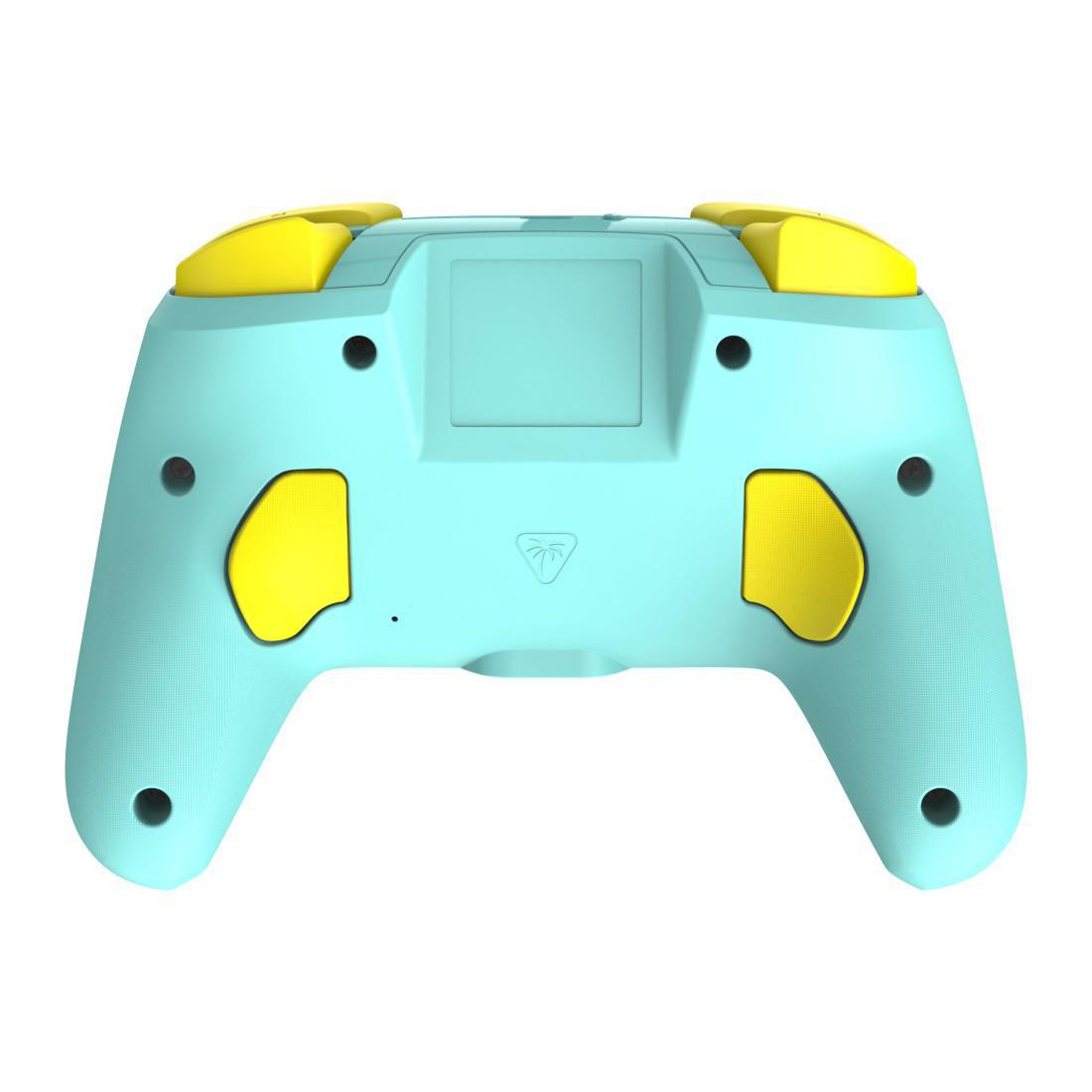 Türkisblauer Gamecontroller mit gelben Akzenten, Rückseite.