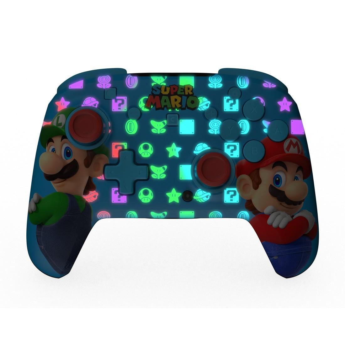 Super Mario Controller mit Luigi und Mario Figuren, blau mit leuchtenden Symbolen.