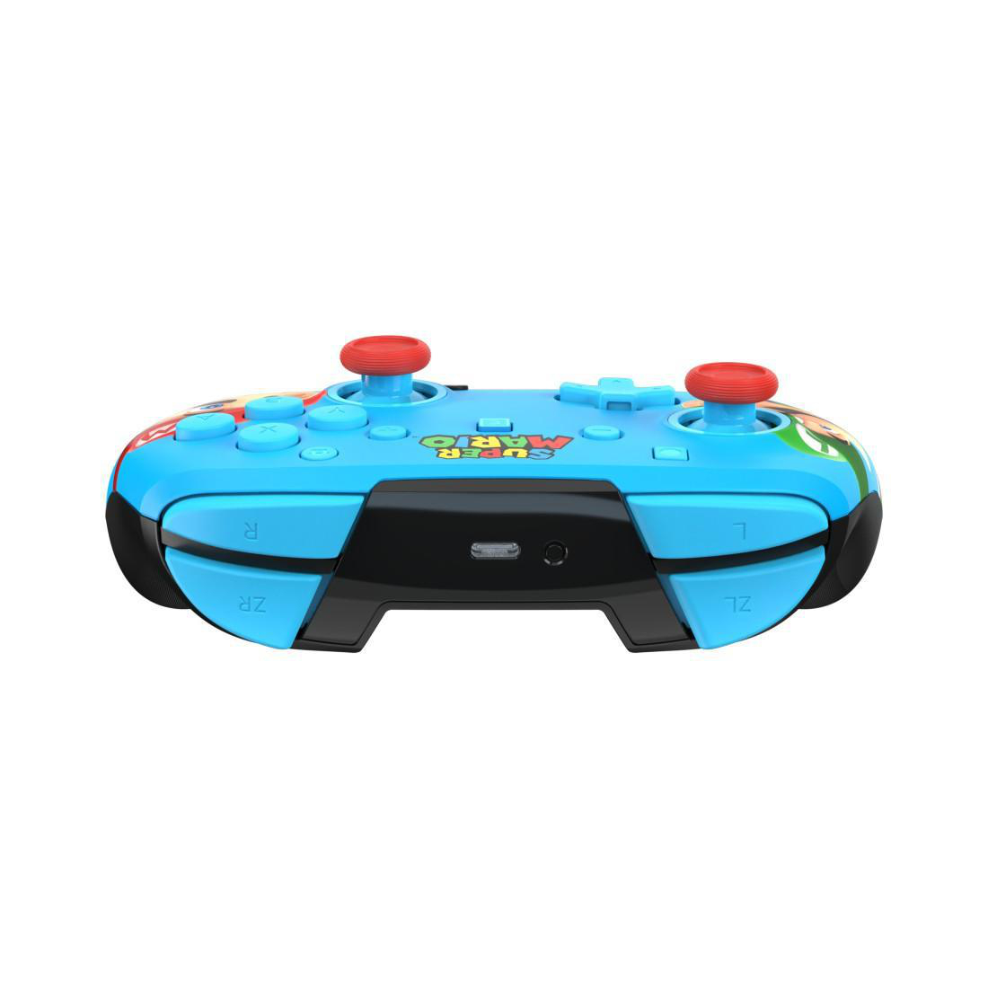 Ein blauer Super Mario Controller mit roten Joysticks und Tasten.
