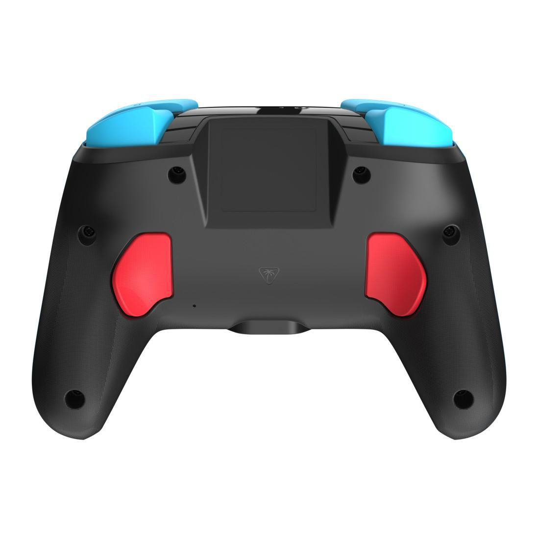 Schwarzer Controller mit roten und blauen Akzenten auf weißem Hintergrund.