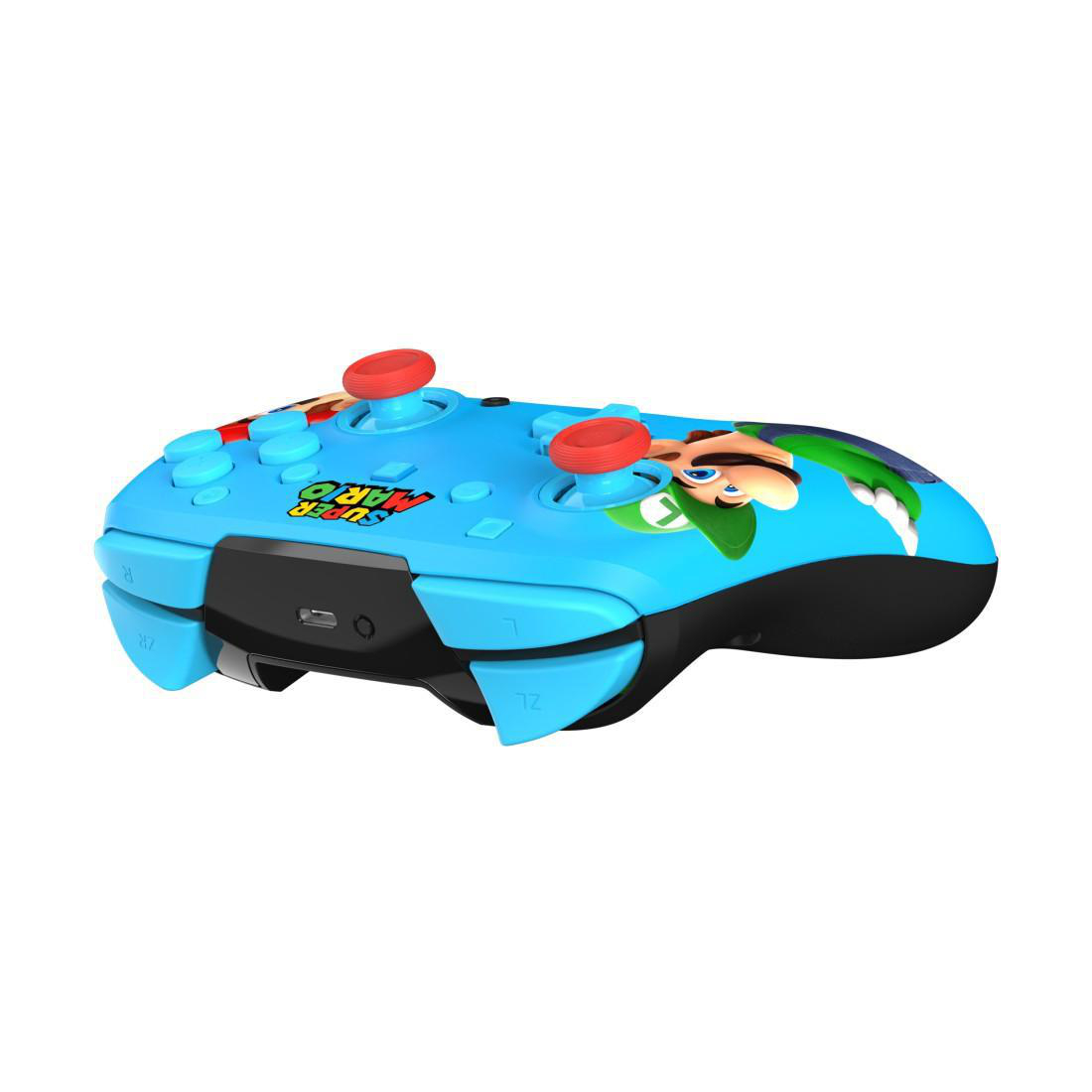 Blauer Controller mit Super Mario-Motiv und Luigi-Bild.