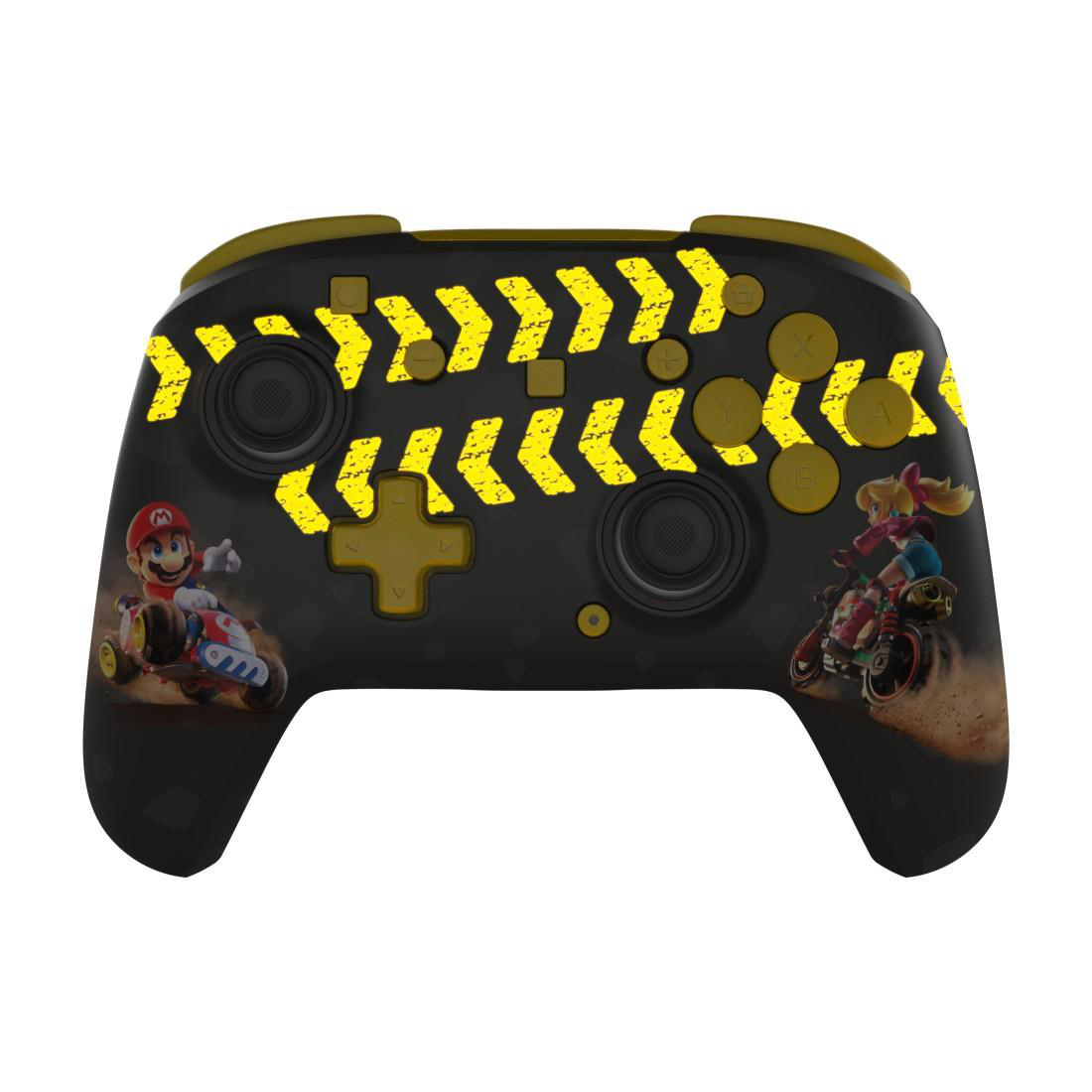 Schwarzer Controller mit Mario und Peach beim Rennen, gelbe Warnstreifen.