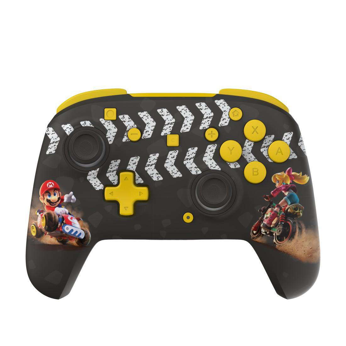 Schwarzer Controller mit Mario und Peach beim Rennen. Gelbe Akzente und Knöpfe.