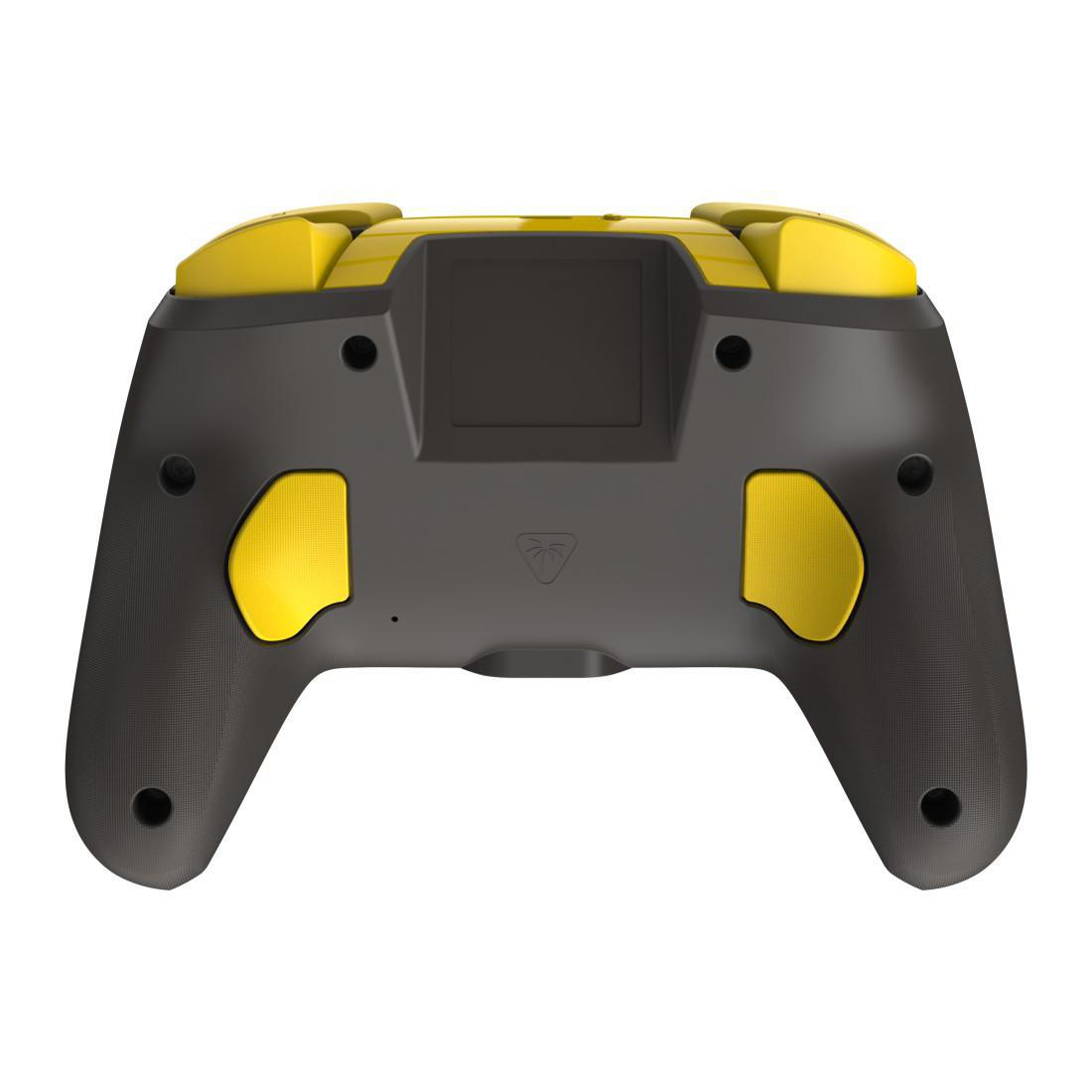 Ein schwarzer und gelber Gamecontroller von hinten mit einem Logo in der Mitte.