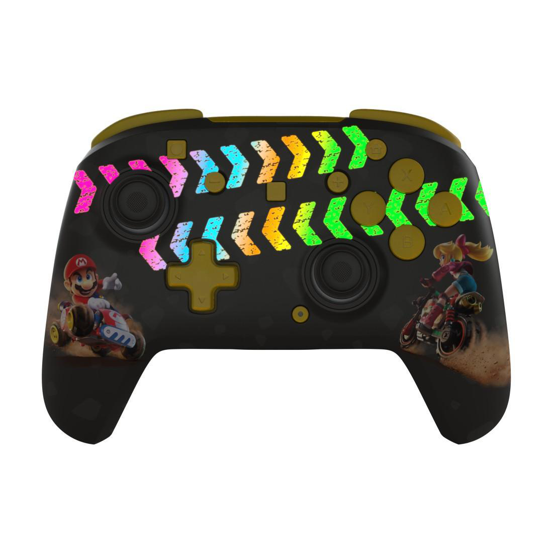 Ein schwarzer Controller mit Mario und Peach, die auf Karts fahren. Bunte Pfeile zieren die Oberfläche.