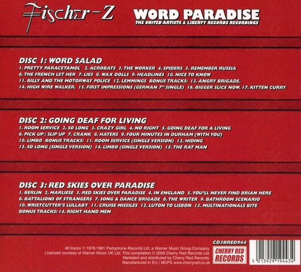 Fischer-Z Albumcover mit Songtiteln für drei CDs: Word Salad, Going Deaf for Living, Red Skies.