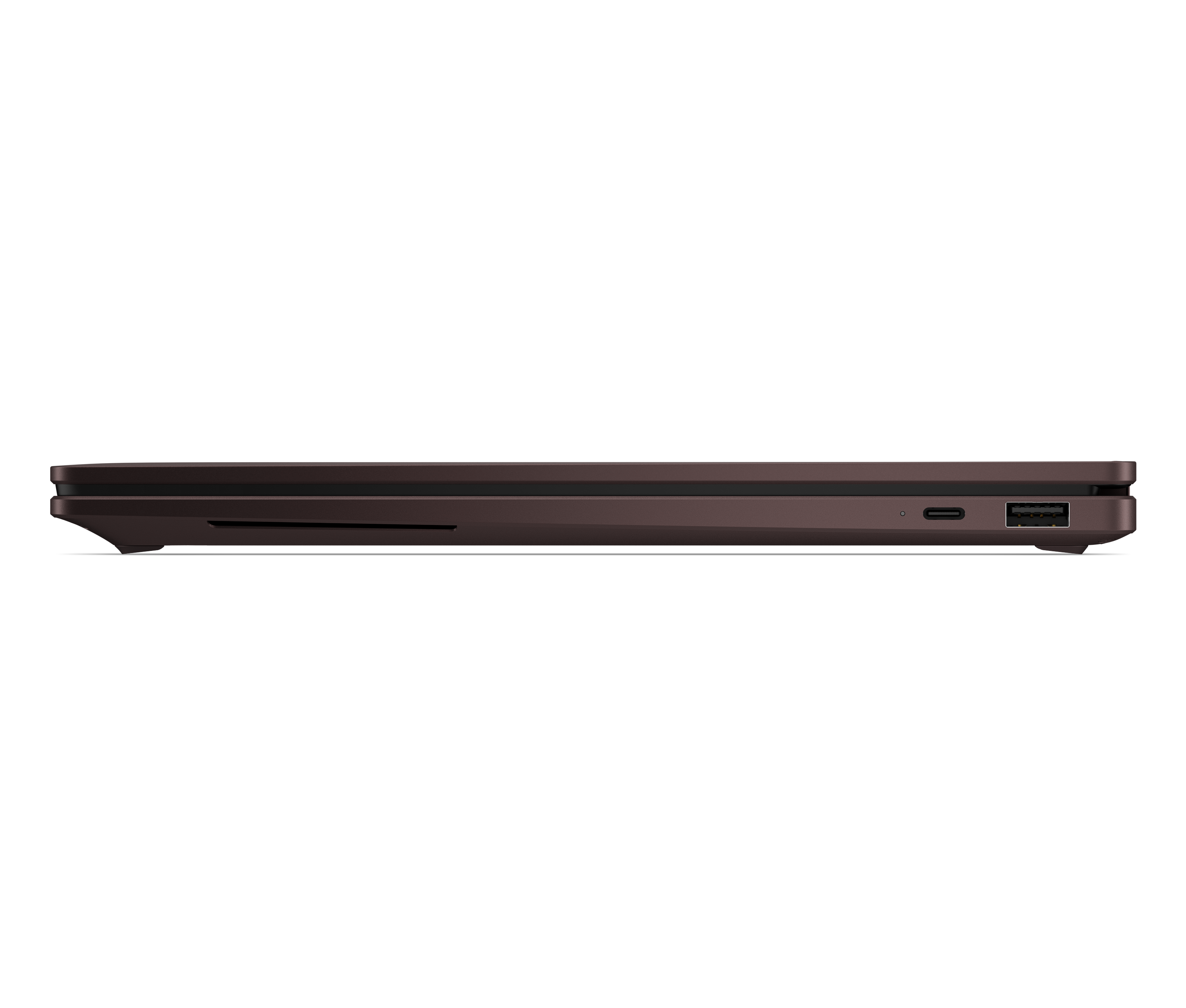 Brązowa krawędź laptopa z portami USB-C i USB-A.