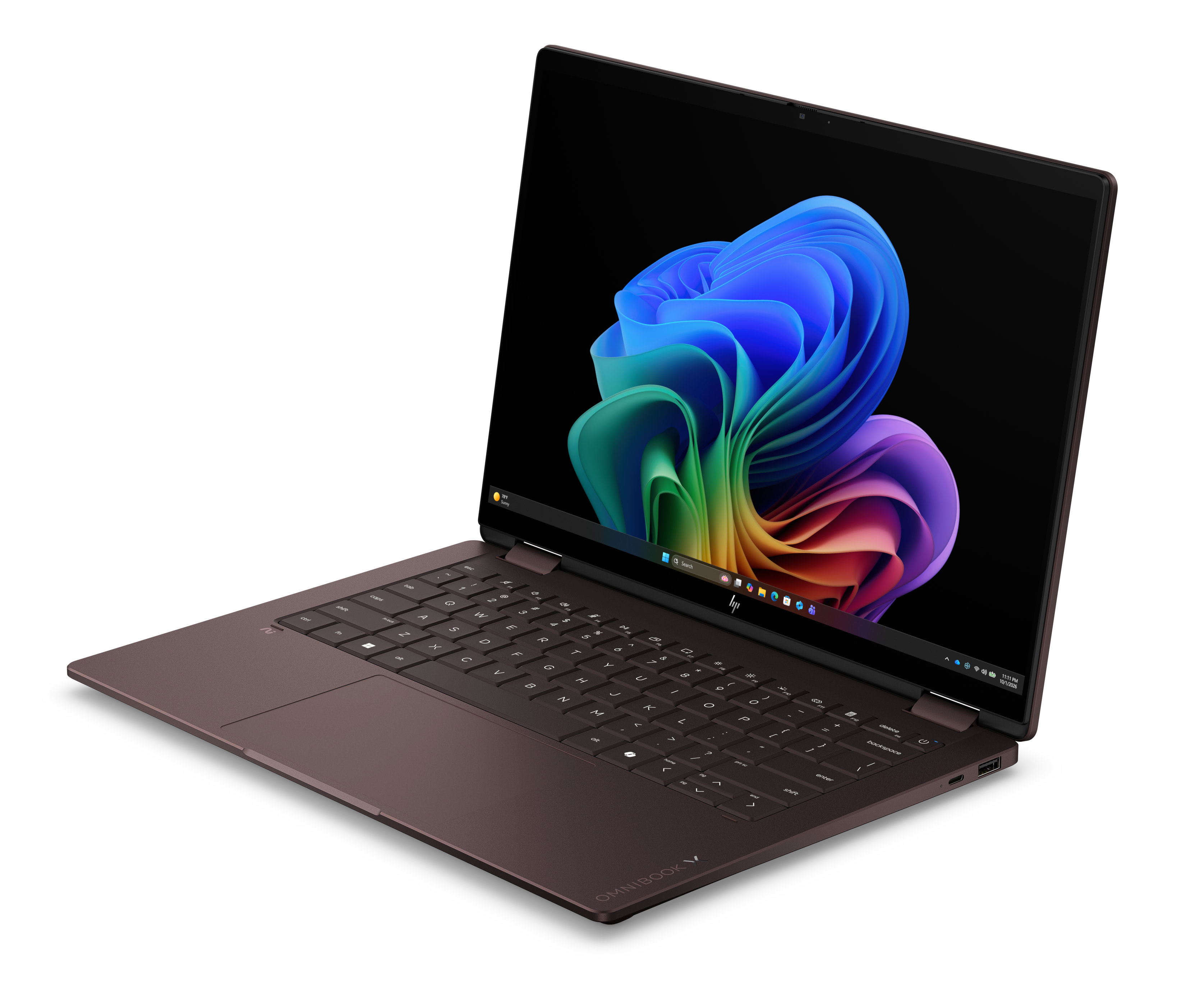 Brązowy laptop z otwartym ekranem, wyświetlający kolorową, abstrakcyjną tapetę.