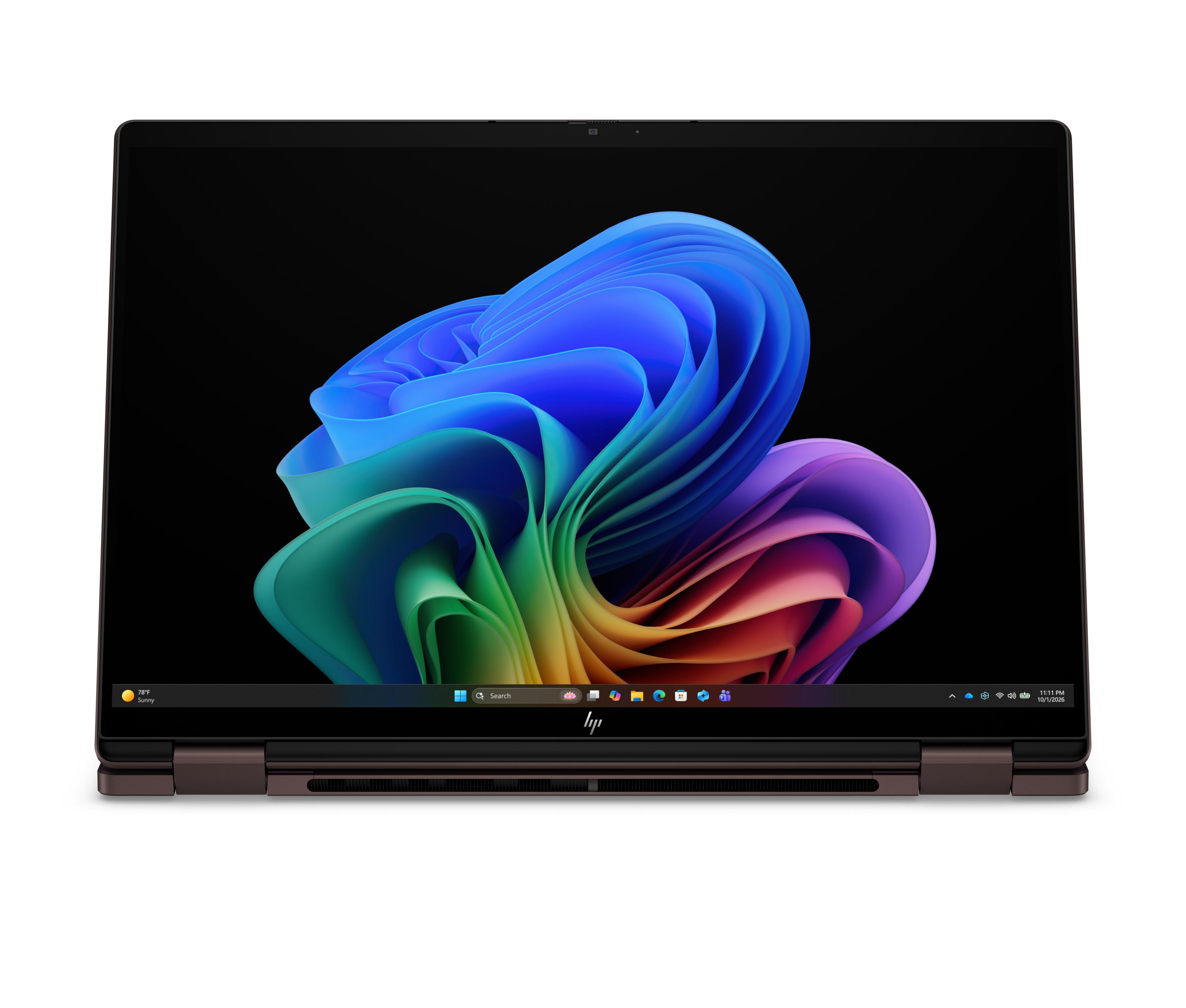 Otwarty laptop z kolorową, falistą tapetą i paskiem zadań.