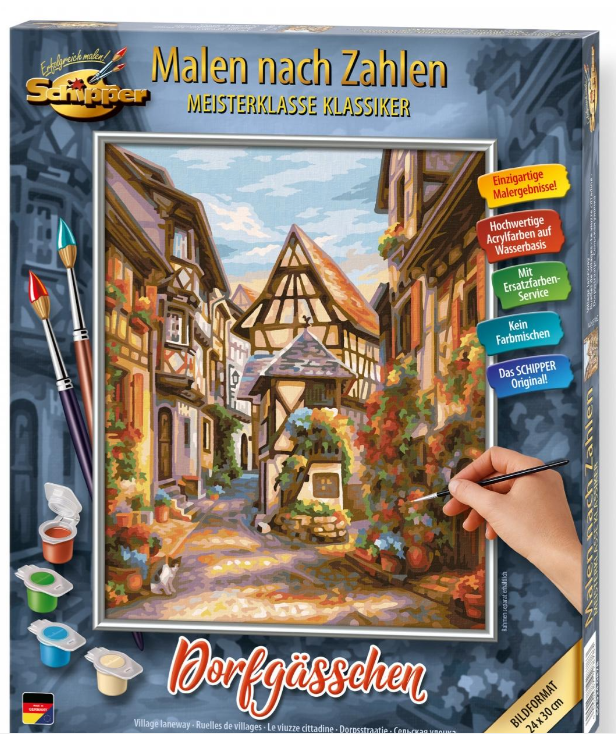 Malen nach Zahlen: Dorf mit Fachwerkhäusern, Blumen und Katze.