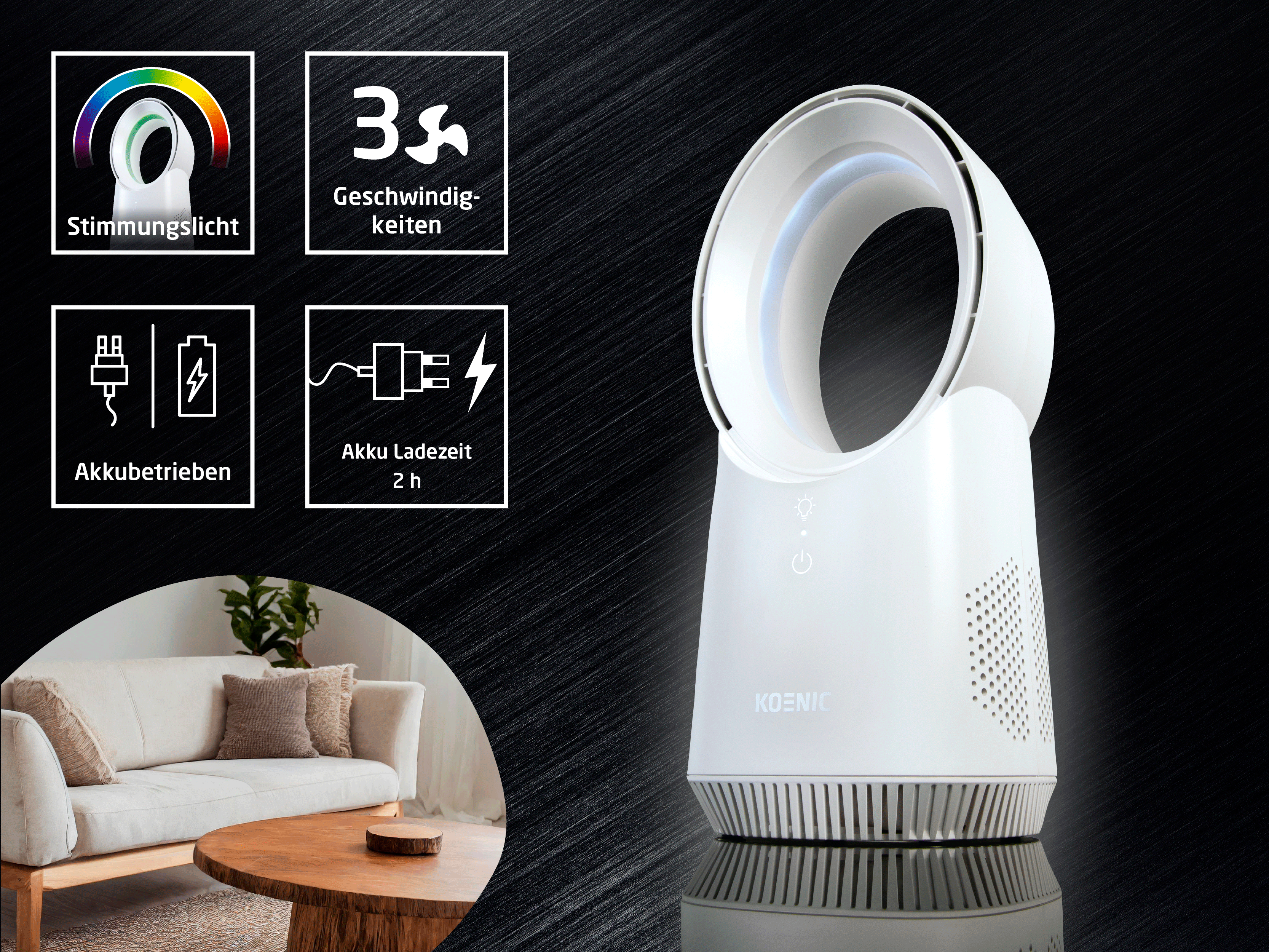 Ein weißer Turmventilator mit drei Symbolen: Stimmung, 3 Geschwindigkeiten, Akku.