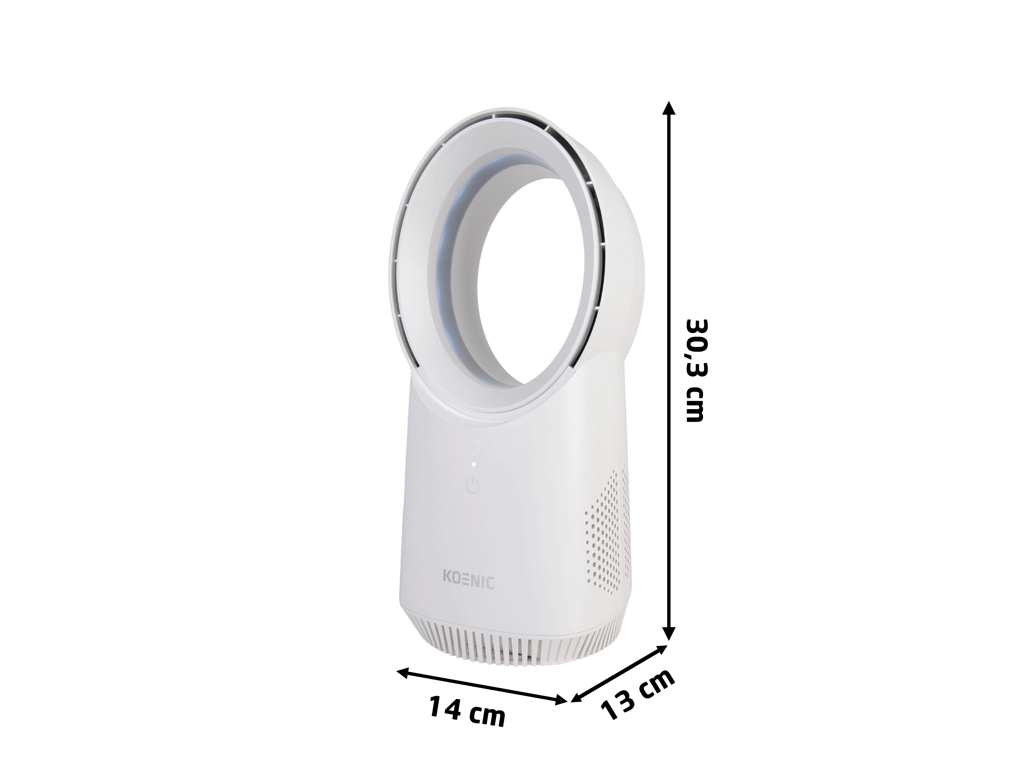 Ein weißer Turmventilator mit blauen Akzenten, 30,3 cm hoch.