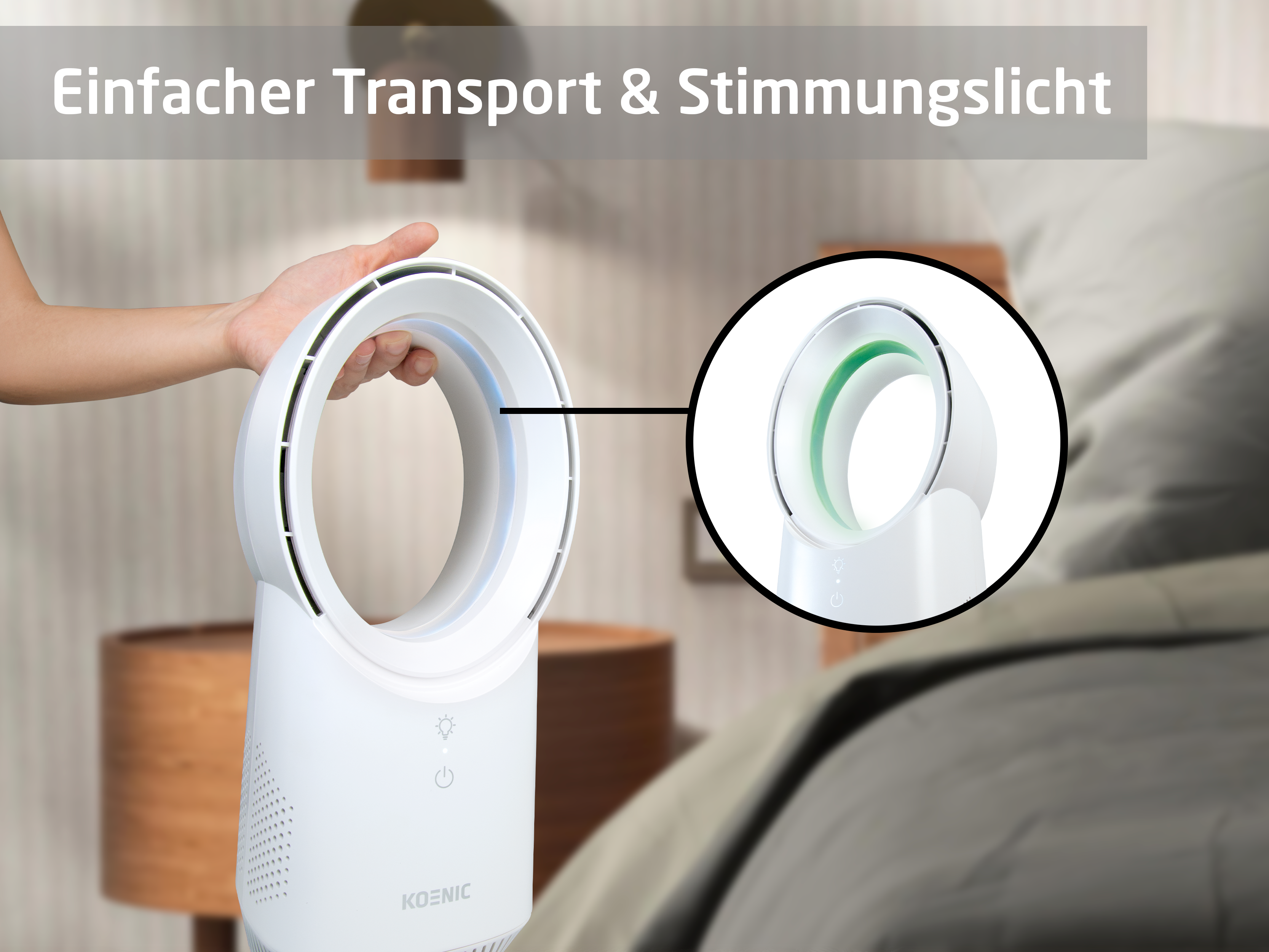 Eine weiße, blattlose Fan-Einheit wird von einer Hand gehalten. Ein Detail zeigt das grüne Innere.