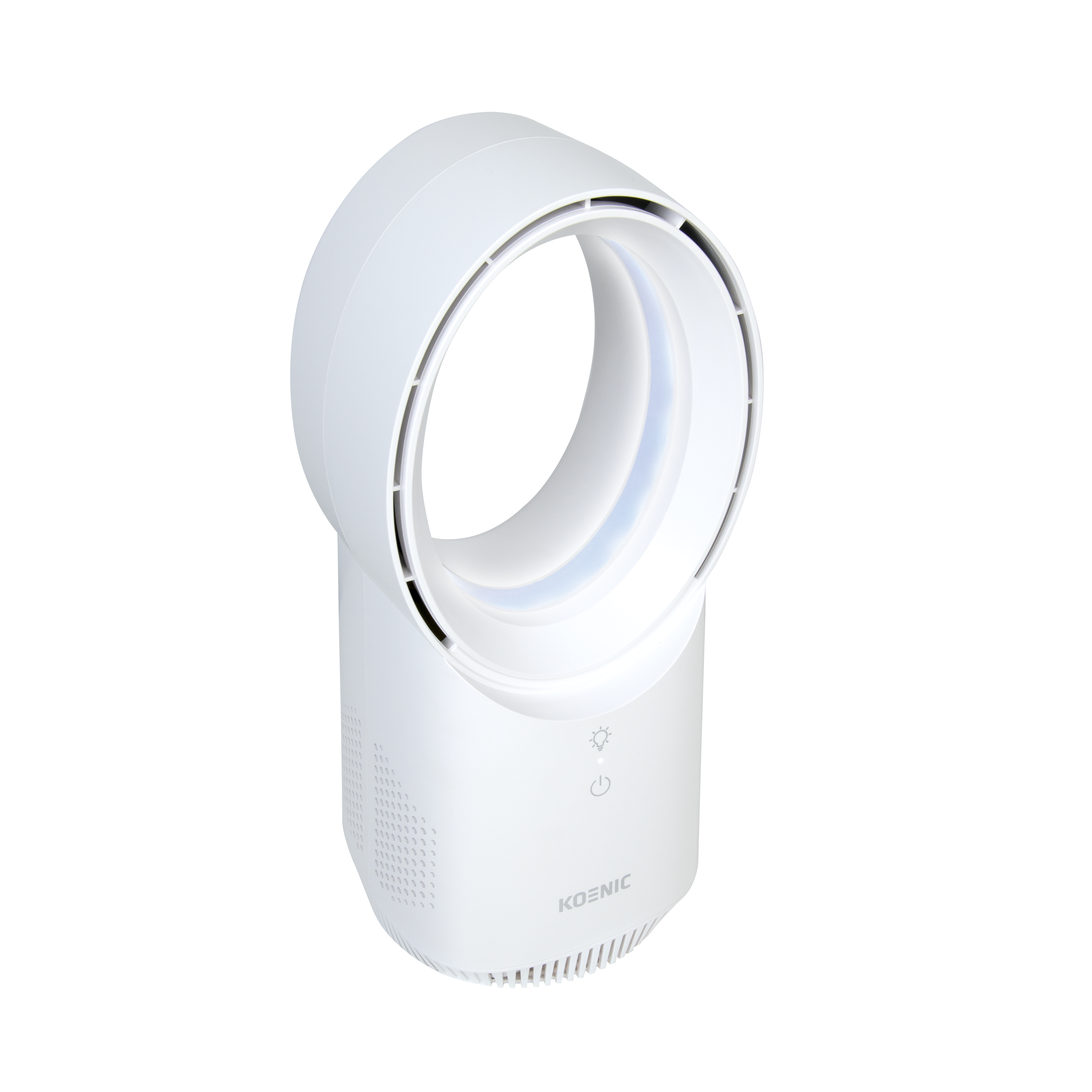 Egy fehér, lapát nélküli ventilátor, felül gyűrűvel, alul szellőzőnyílásokkal.