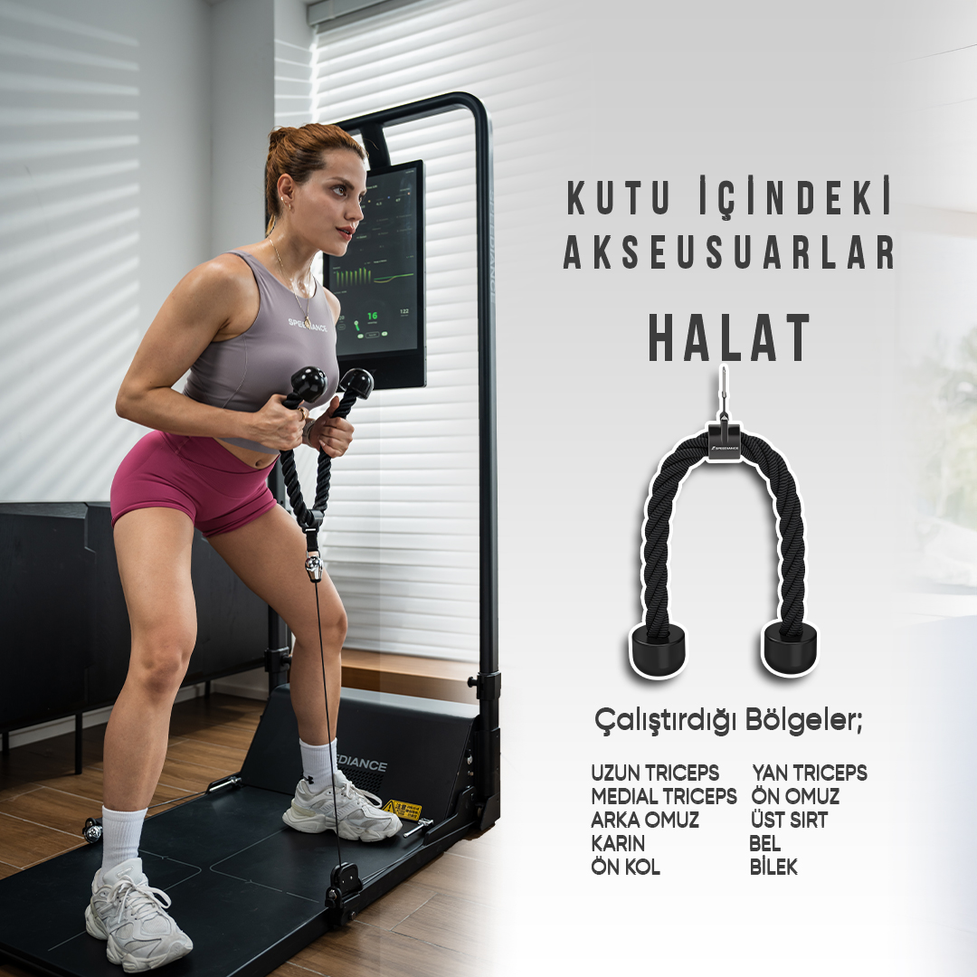 Bir kadın fitness makinesinde ip aksesuarı ile egzersiz yapıyor. Sağda ip aksesuarı.