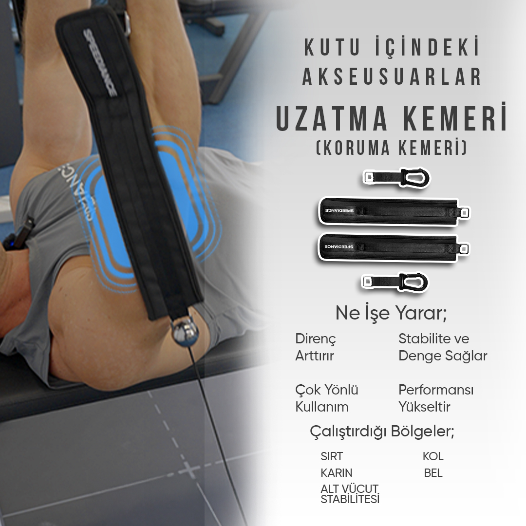 Siyah direnç bandıyla egzersiz yapan adam. Kutu içindeki aksesuarlar gösteriliyor.