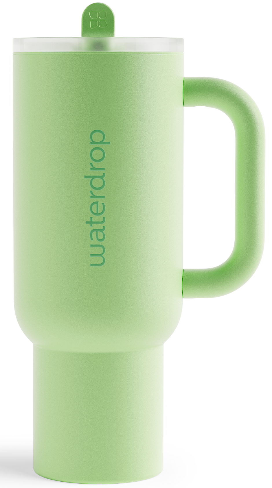 Eine hellgrüne Wasserflasche mit Griff und transparentem Deckel.
