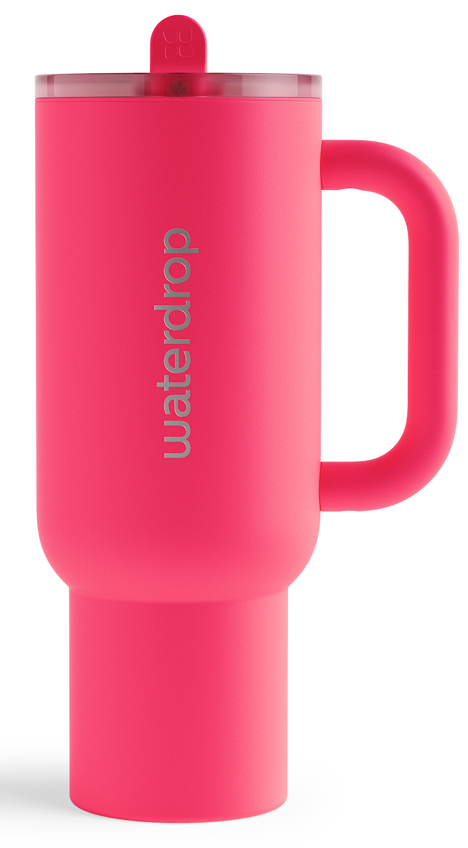 Eine leuchtend pinke Thermoskanne mit einem Griff und dem Logo „waterdrop“.