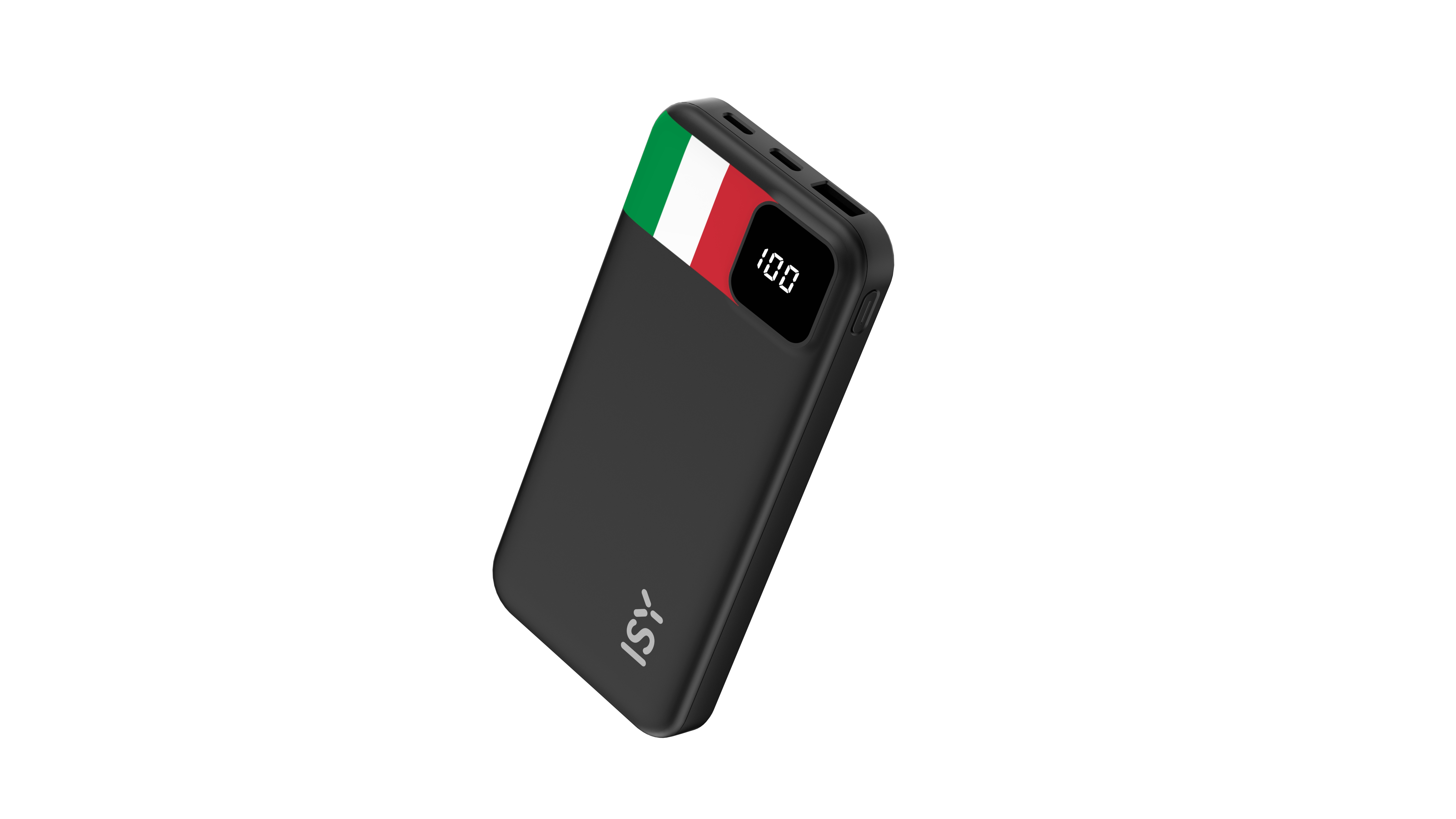 Schwarzes Ladegerät mit italienischer Flagge und digitaler Anzeige '100'.