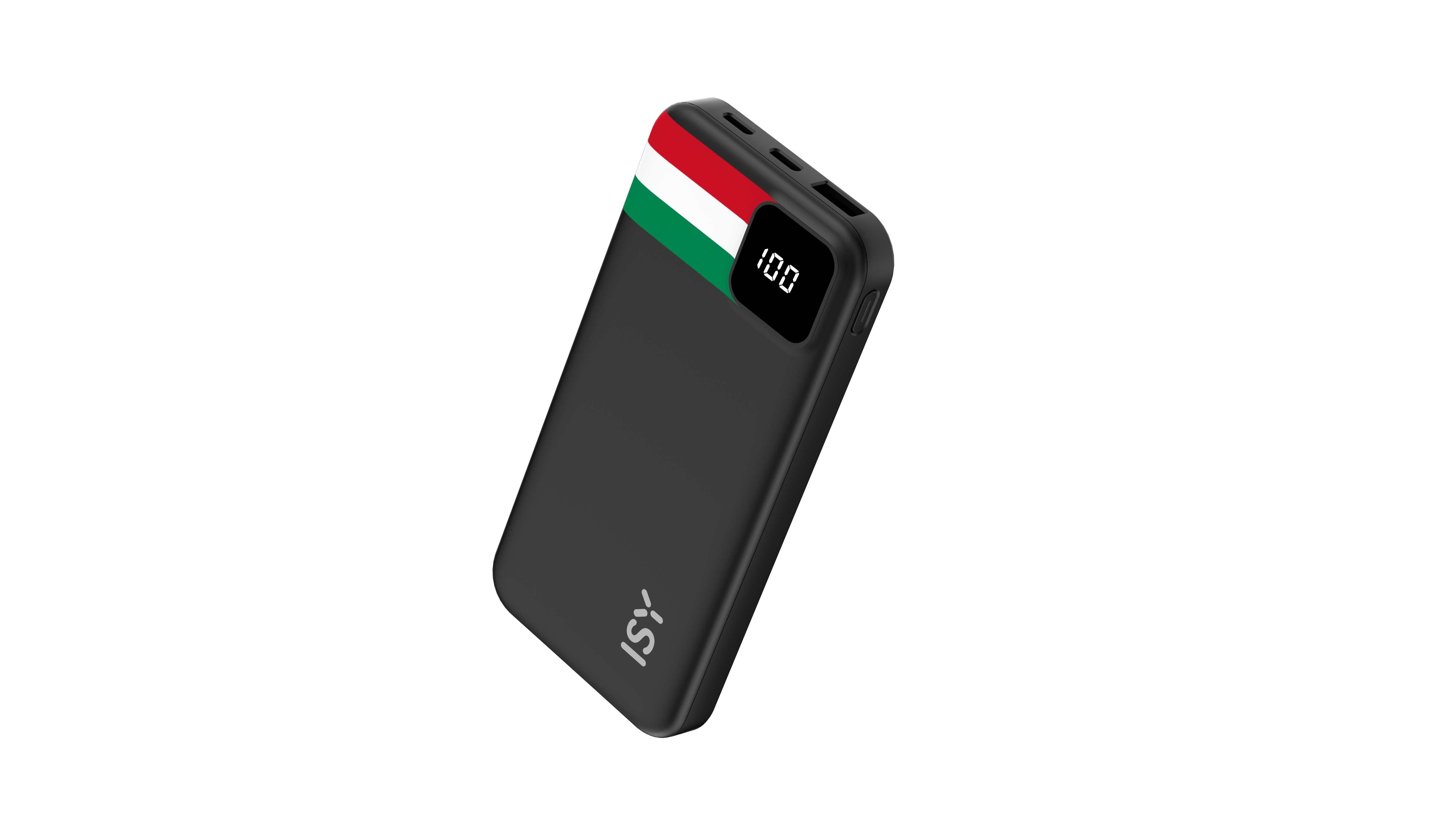Schwarzes Powerbank mit ungarischer Flagge und digitaler Anzeige 100.