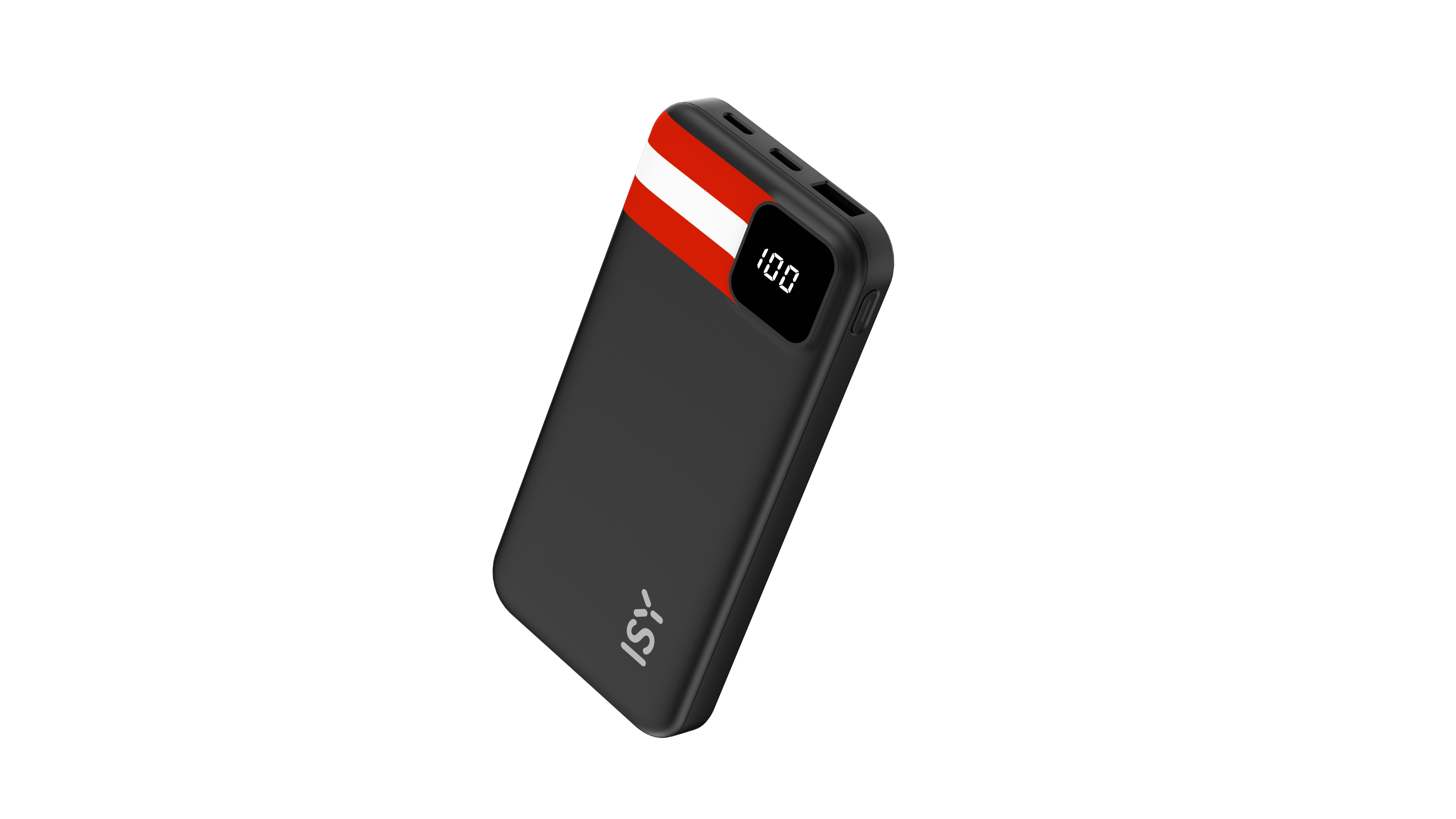 Schwarzes Powerbank mit rotem und weißem Streifen und digitaler Anzeige von 100.