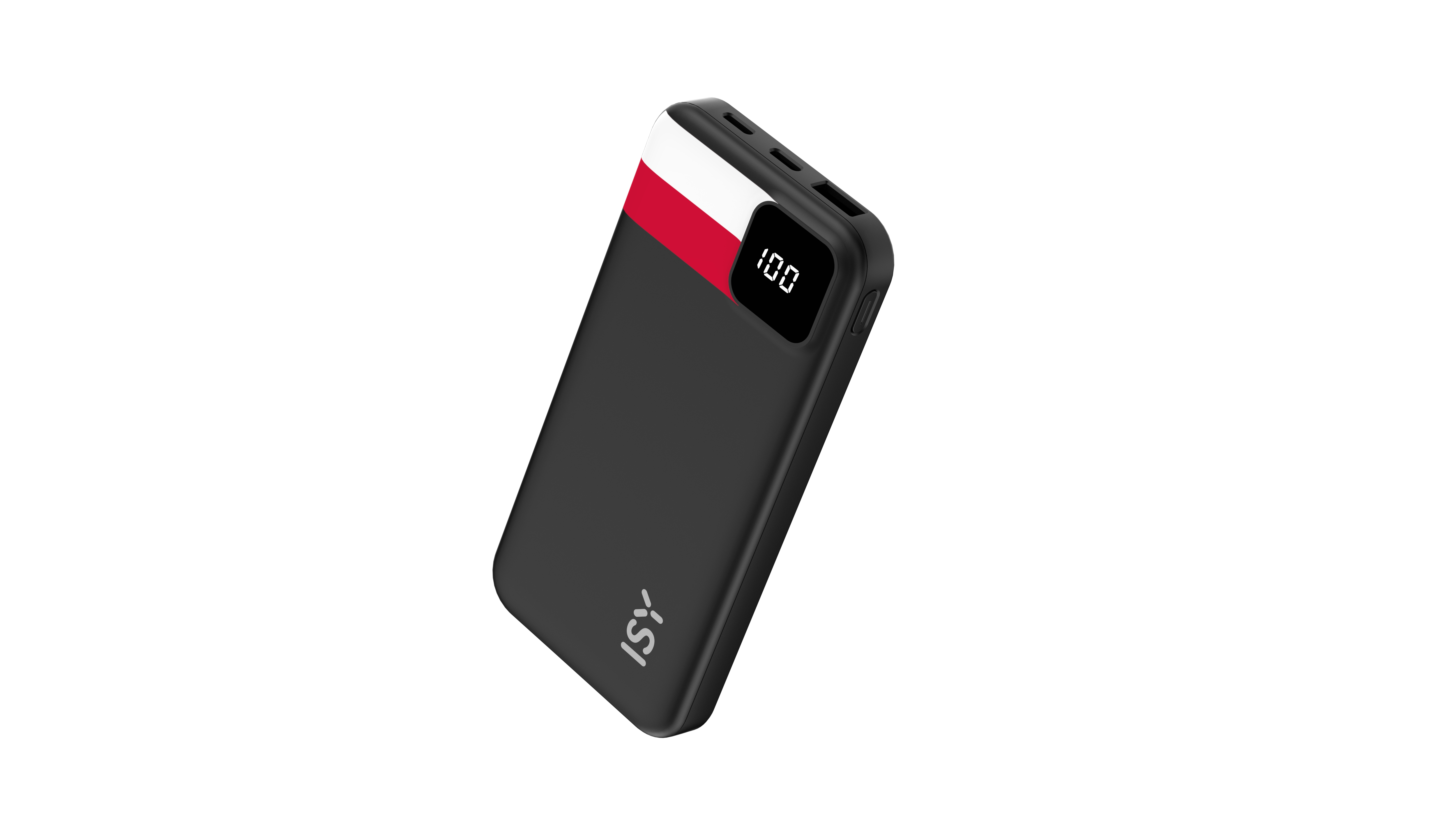 Schwarzes Powerbank mit weiß-rotem Streifen und digitaler Anzeige 100.